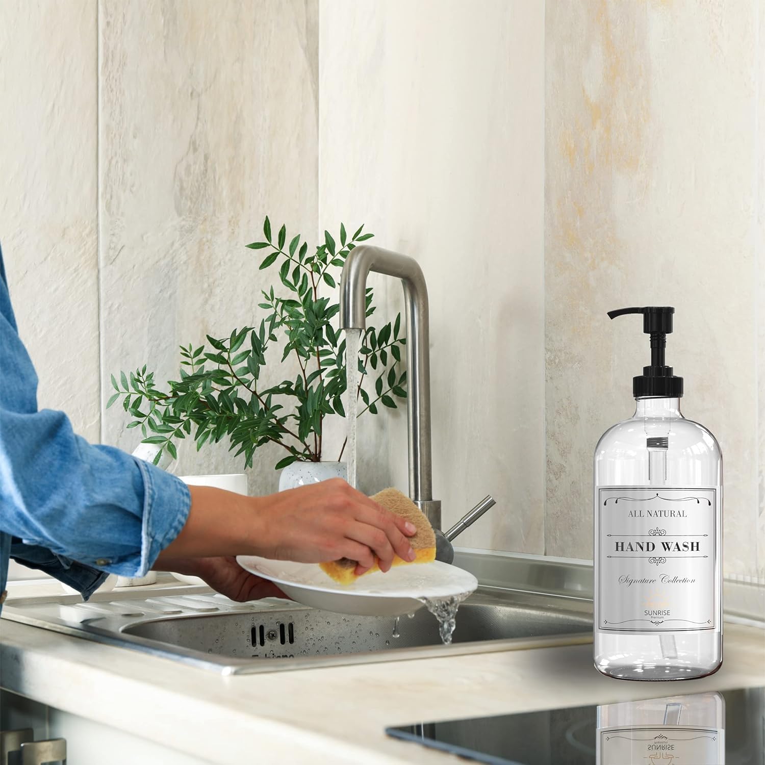 Sunrise Premium 16 Oz Clear Glass Soap Dispenser With Plastic Pump, Hand And Dish Soap Dispenser Set For Bathroom With 4 Waterpr