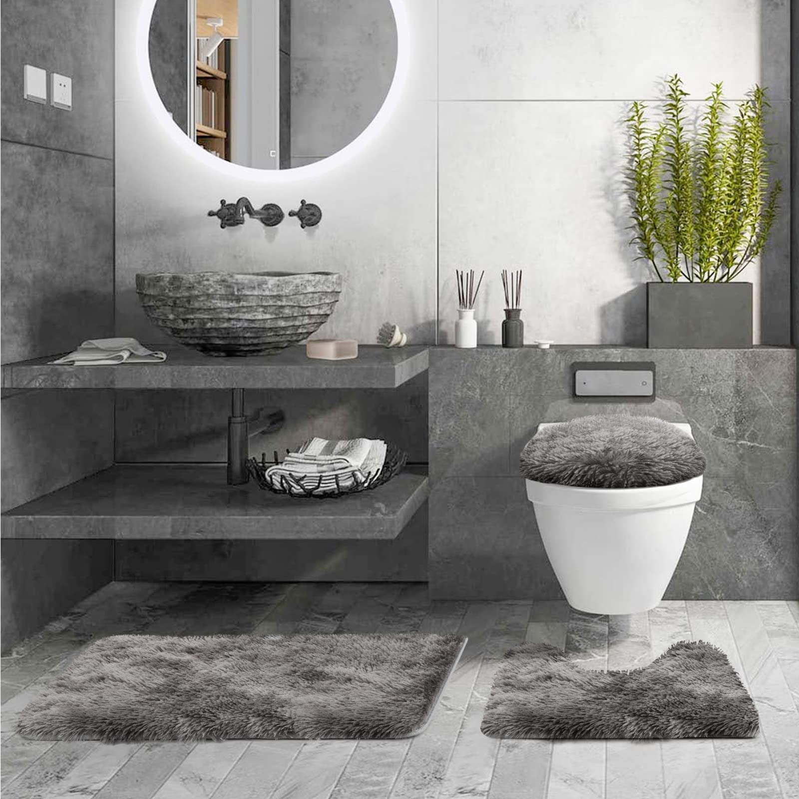 3 Piece Thicken 0.4'' Bath Rugs Set For Bathroom, Contour Mat + Toilet Seat Cover, Super Long, Soft Microfiber, Water Absorbent