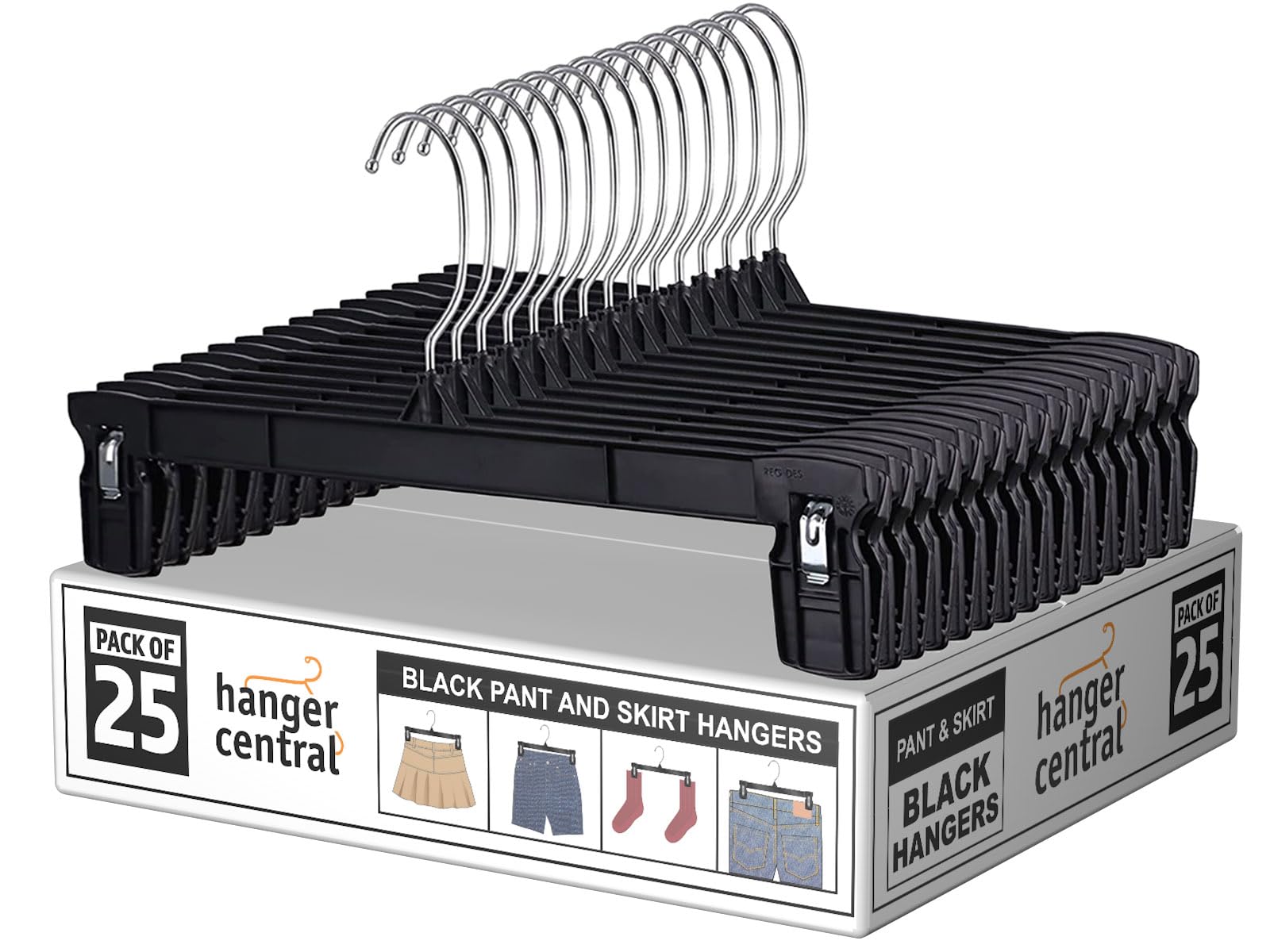 Hanger Central 25 Pack Heavy Duty Plastic Bottoms Hangers With Ridged Pinch Clips Pants Hangers, 12 Inch, Black