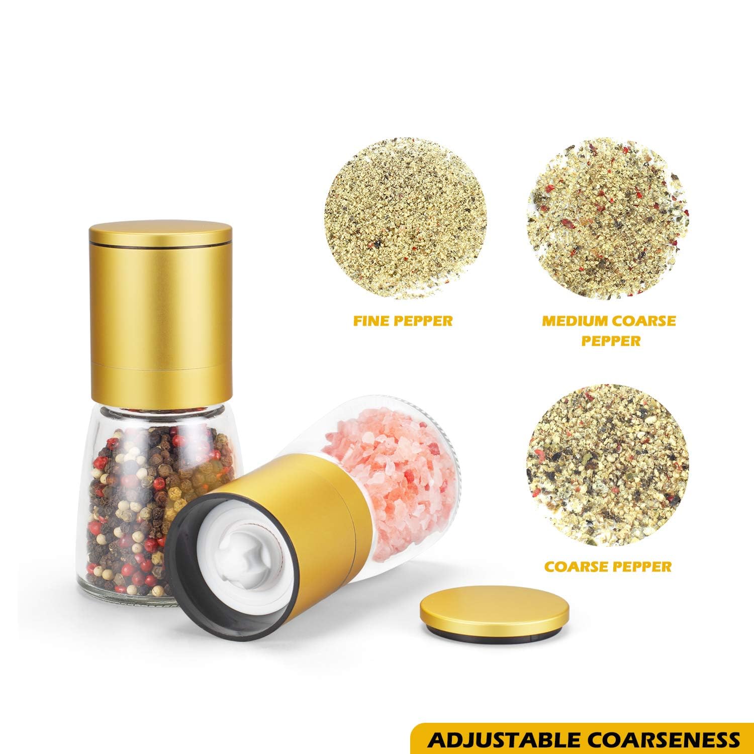 Vucchini Adjustable Coarseness Pepper Salt Grinder Mill - 2.6x2.6x5.3 inches, Gold Stainless Steel, Refillable Kitchen Shaker