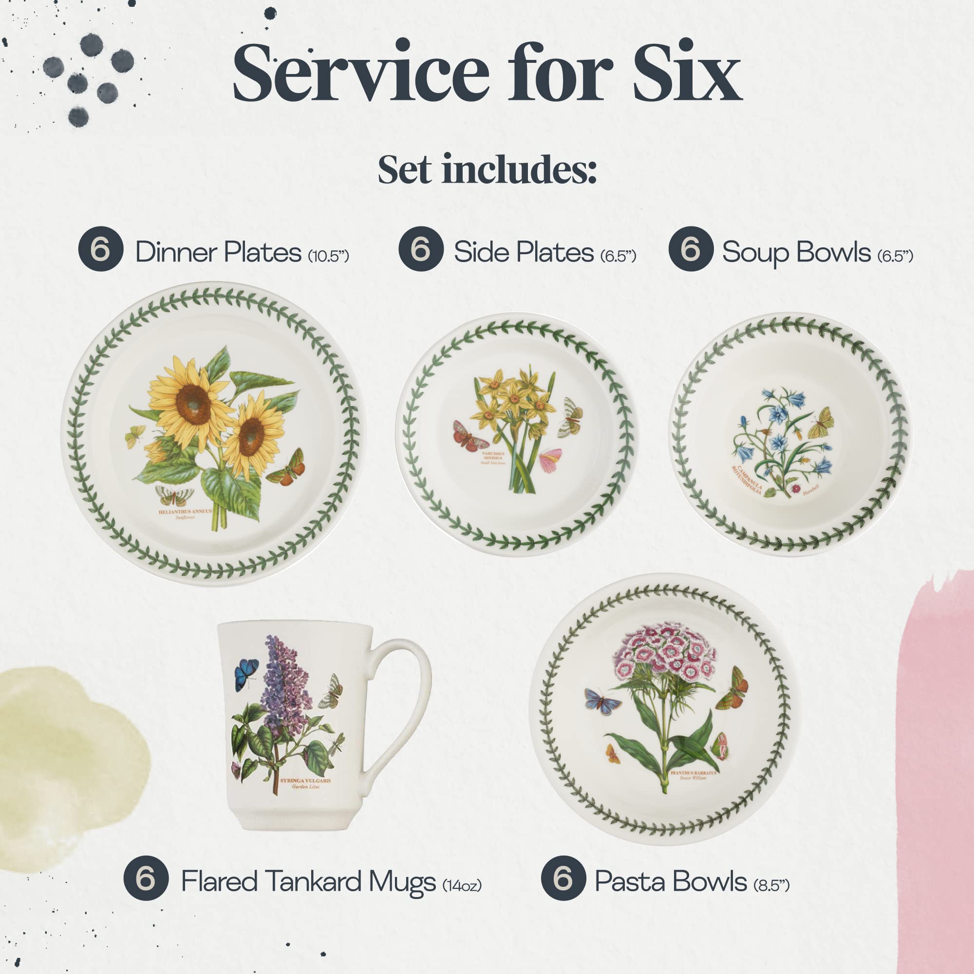 Portmeirion Botanic Garden 30 Piece Dinnerware Set | Assorted Floral Motif | Fine Earthenware | Dishwasher, Microwave, and Freez