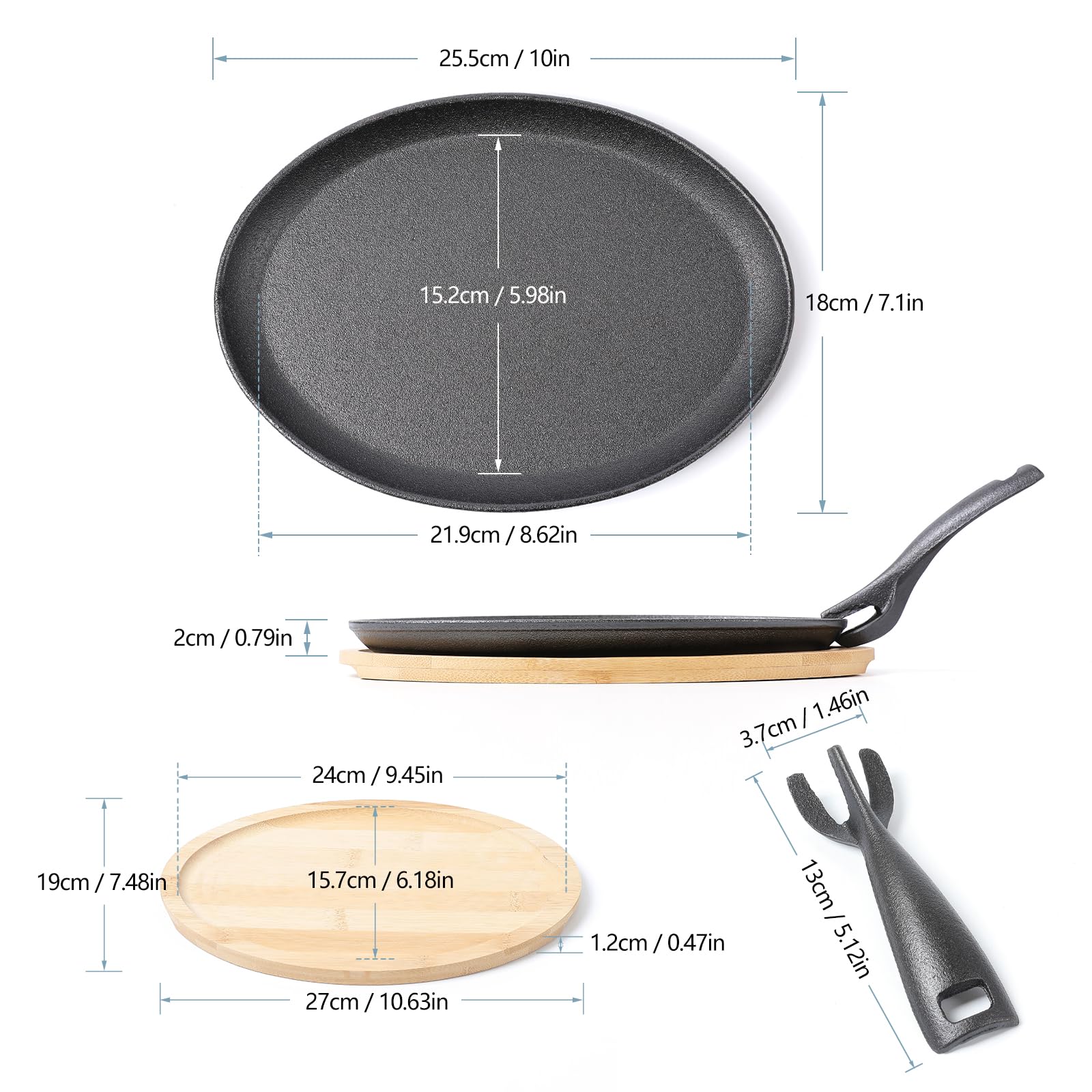 Hawok Cast Iron Fajita Pan With Bamboo Tray And Handle Set Of 4