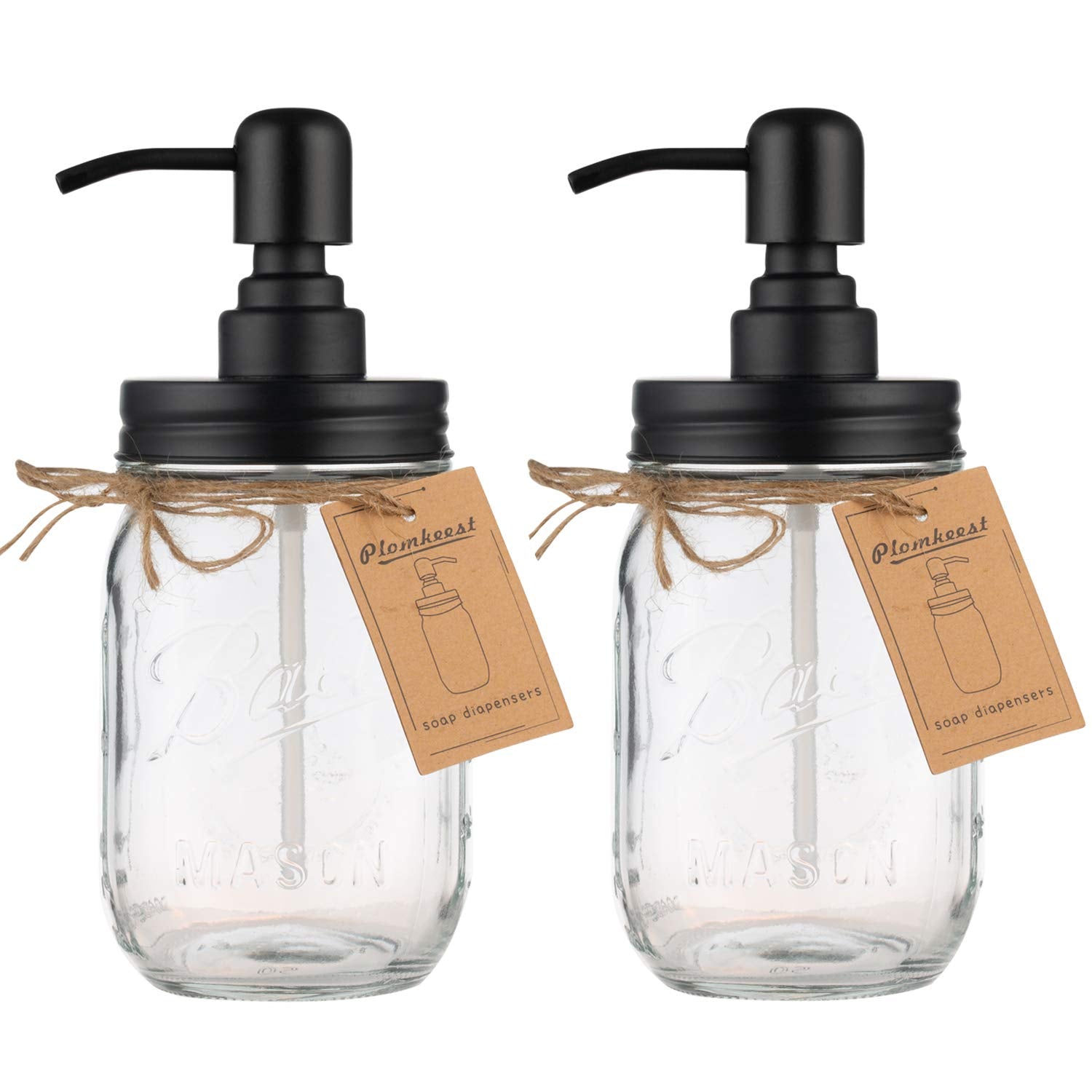 Plomkeest 2-Pack 16Oz Mason Jar Soap Dispenser Clear Glass Jar Soap Dispenser With Stainless Steel Pump Liquid Soap Dispensers(B
