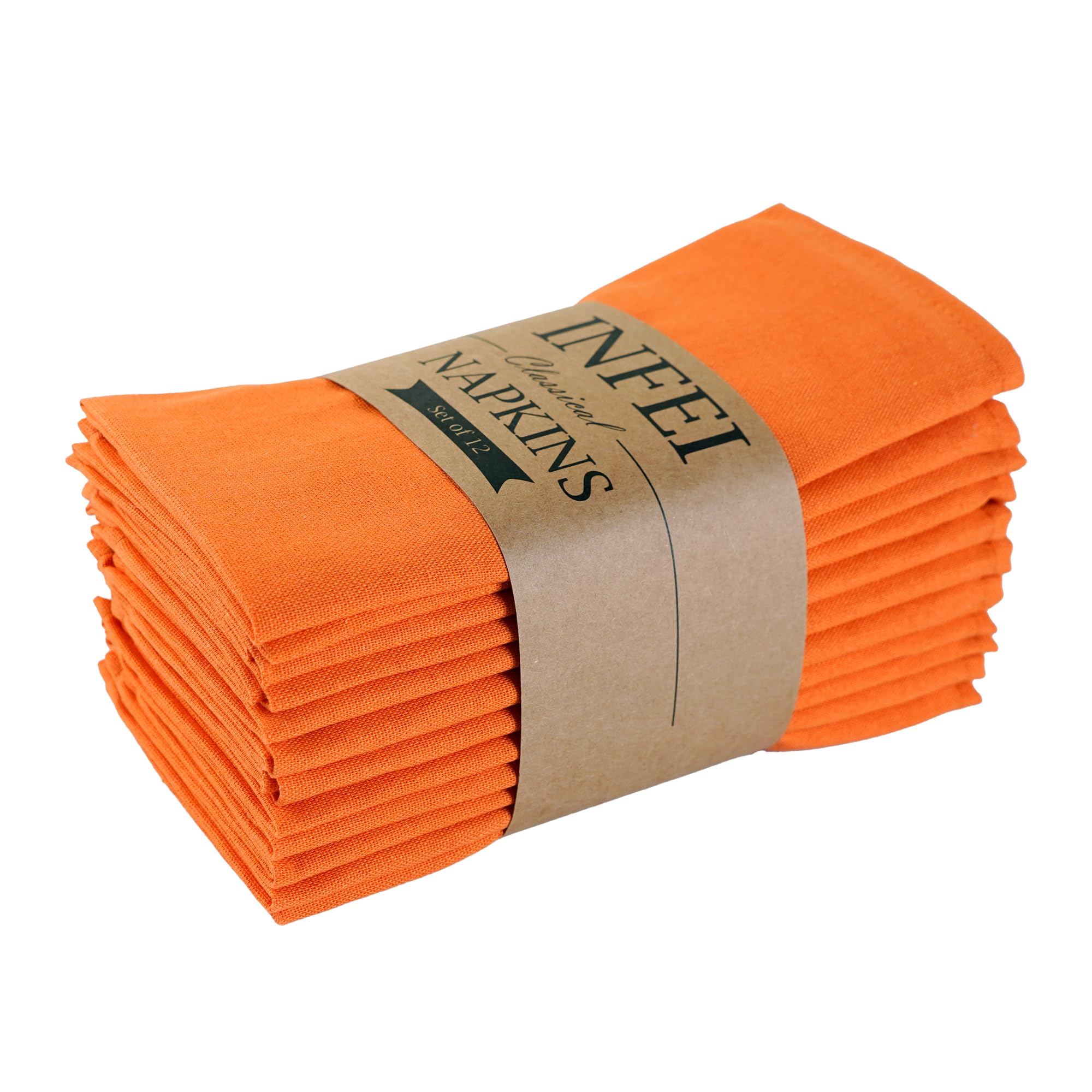 INFEI Solid Color Cotton Linen Blended Thin Dinner Fabric Napkins - Set of 12 (40 x 40 cm) - for Events & Home Use (Orange)