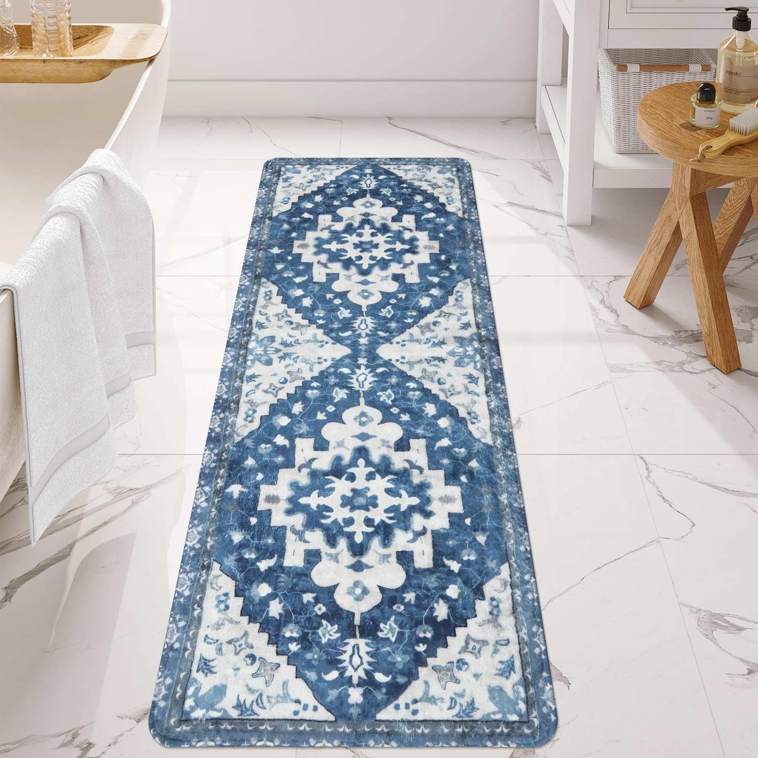 Uphome Boho Bathroom Runner Rug Blue Non-Slip Soft Long Bathroom Rug Vintage Oriental Machine Washable Bath Runner Rug Farmhouse