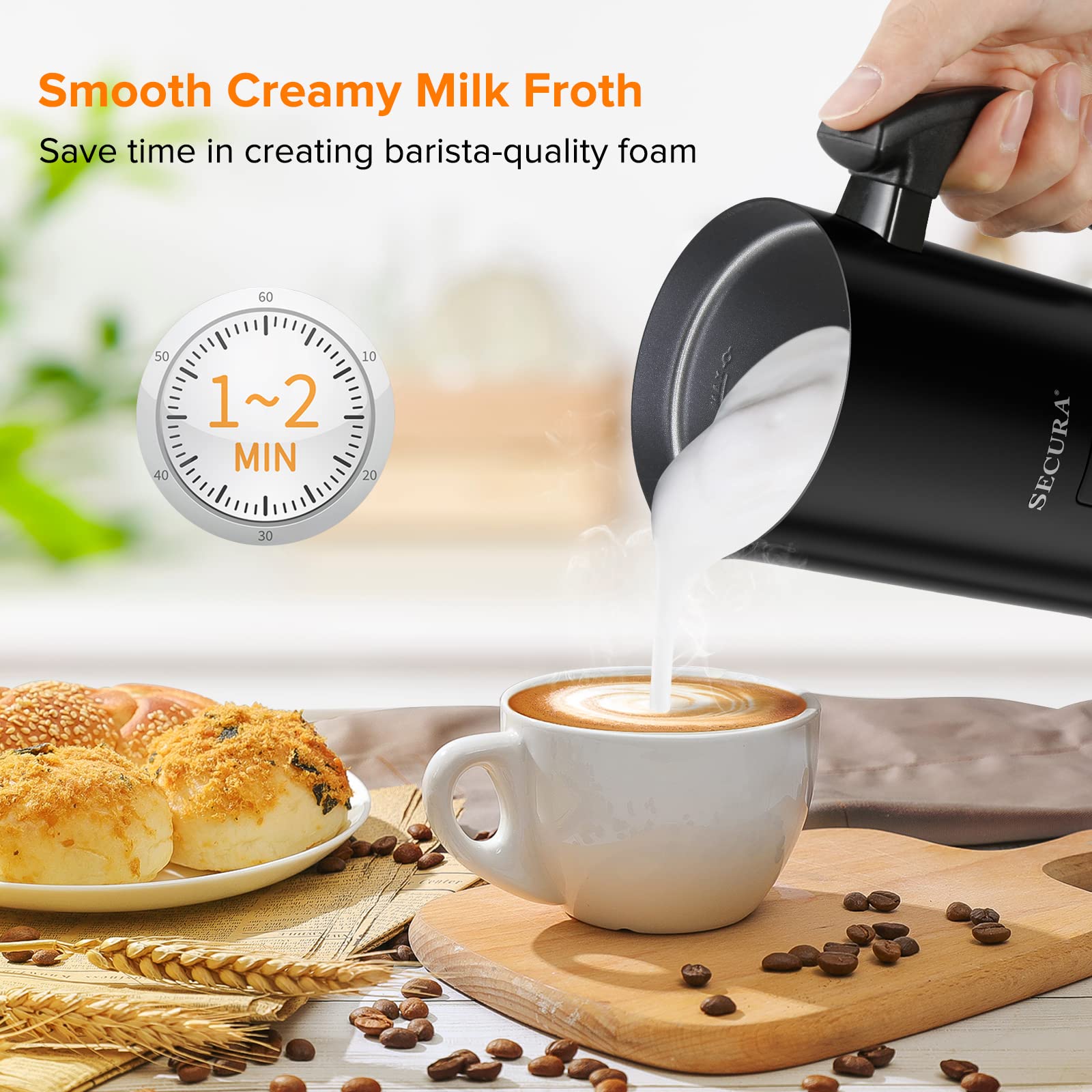 Secura Electric Milk Frother  Automatic Milk Steamer Warm or Cold Foam Maker for Coffee  Cappuccino  Latte  Stainless Steel Milk Warmer with Strix Temperature Controls (Black)