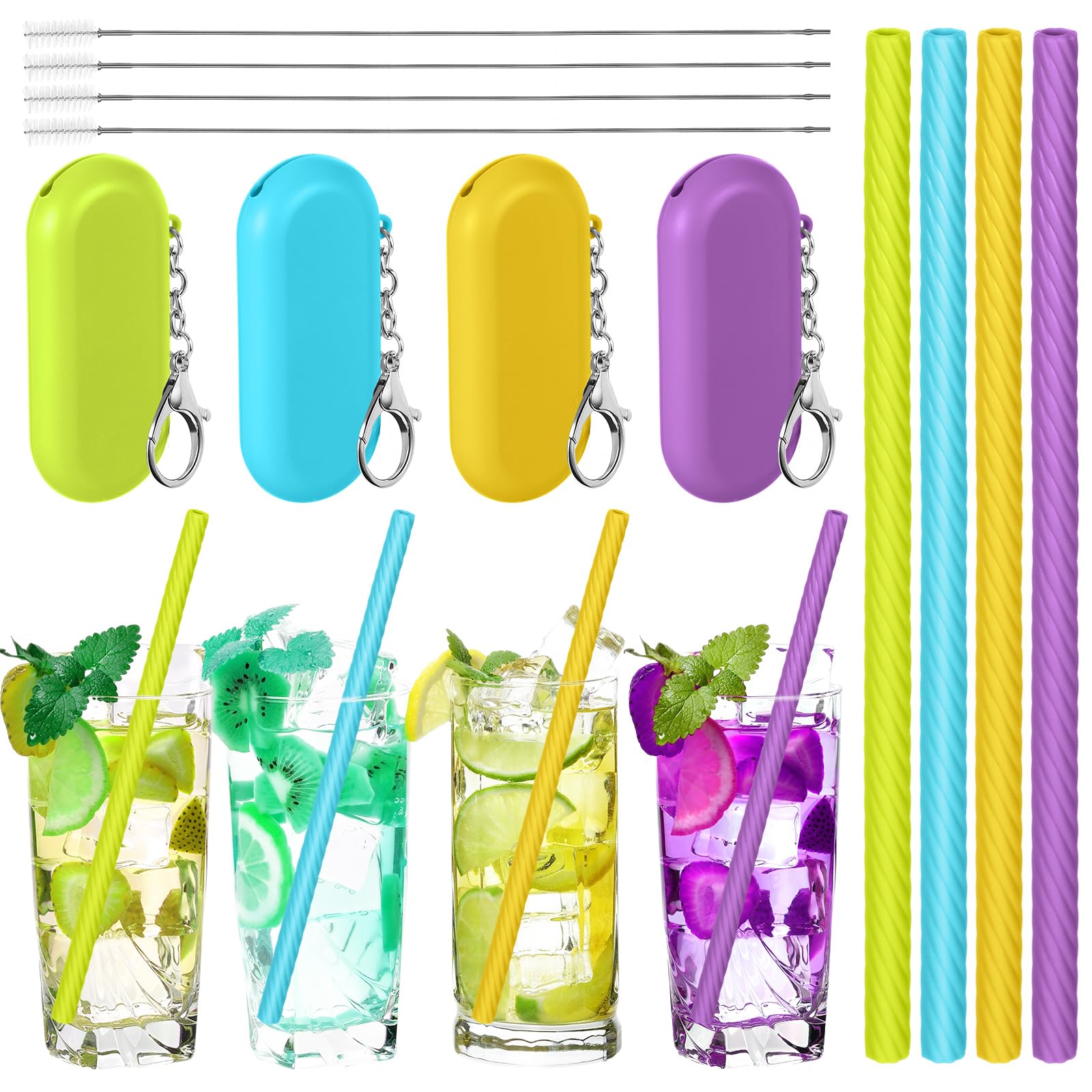 Meanplan 4 Sets Cruise Ship Essentials,4 Set Silicone Straws with Case Reusable Silicone Portable Drinking Straw Set for Party T
