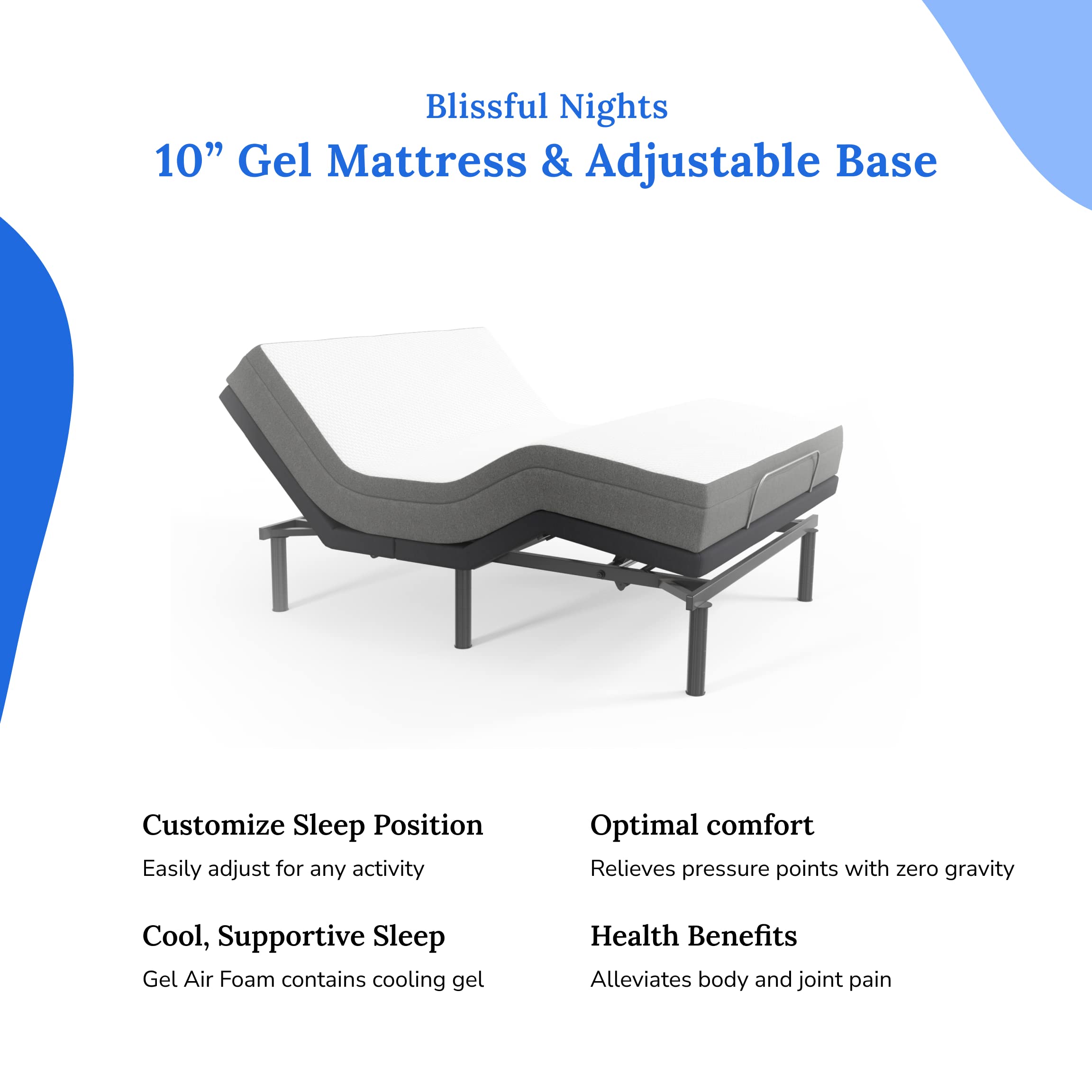 Blissful Nights E4 Split King Adjustable Bed Base Frame With 10'' Medium Firm Gel Infused Memory Foam Mattress