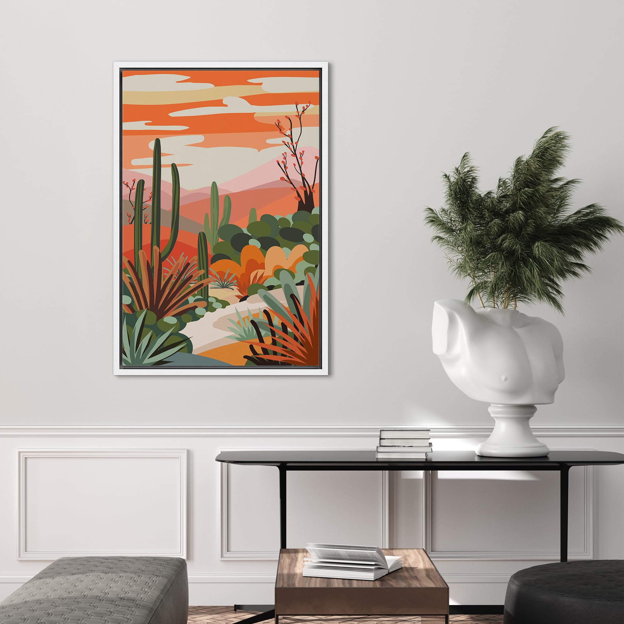 Signford Framed Canvas Print Wall Art Cactus Desert Mountain Range Nature Wilderness Illustrations Modern Art Decorative Rustic