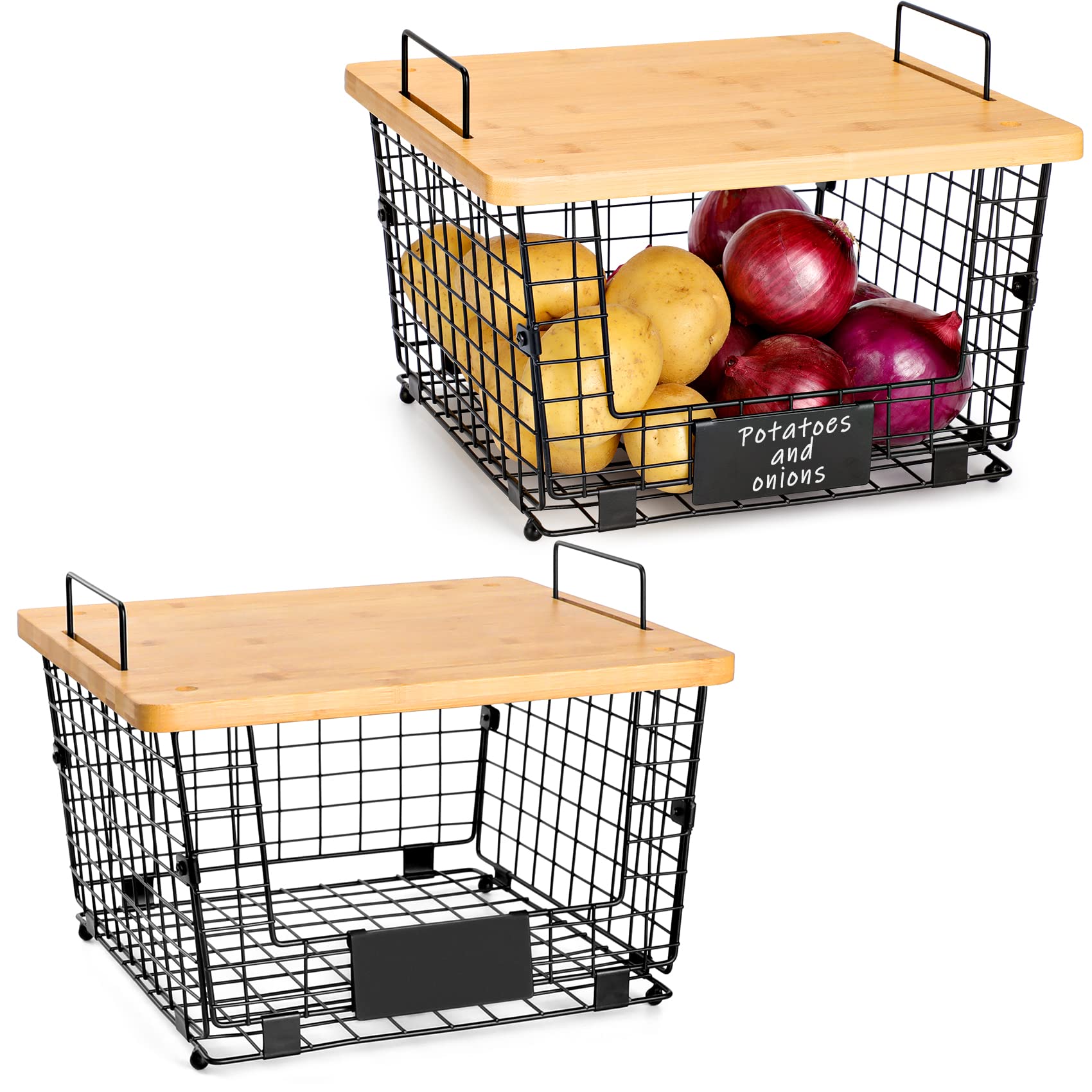 2 Set Stackable Wire Basket With Bamboo Top - Kitchen Counter, Pantry Organizer And Storage - Produce Onion Potato Fruits Vegs B