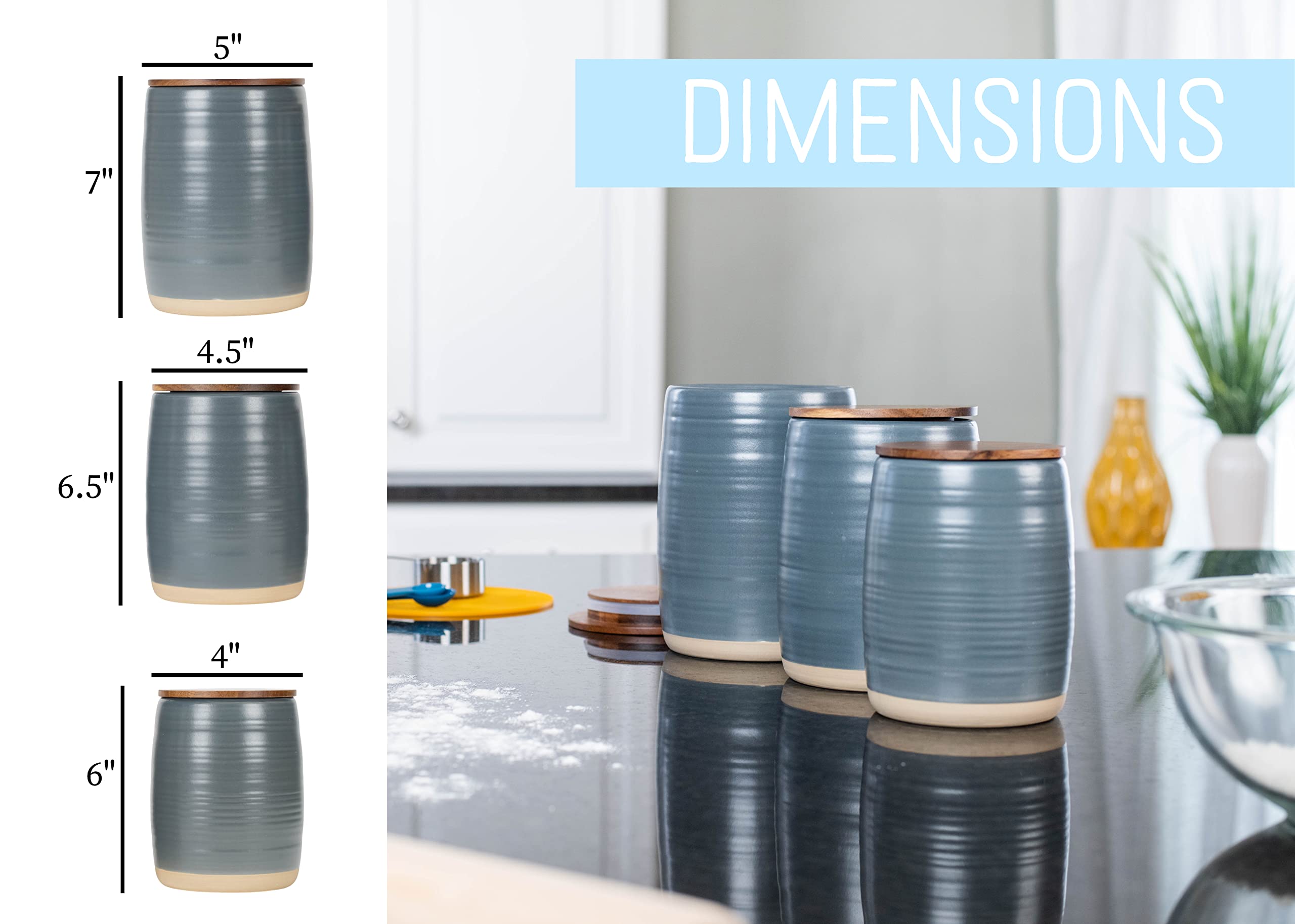 Nat & Jules Lidded Grey 6 Inch Ceramic And Wood Kitchen Canisters Set Of 3