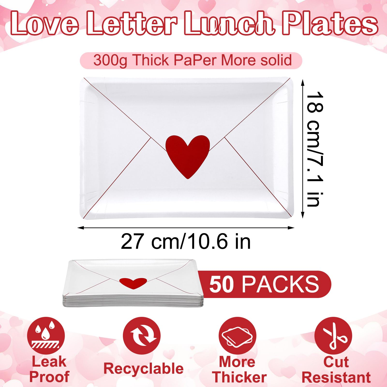 Havawish 50 Pcs Love Letter Lunch Plates 10X7 Inch Valentine'S Day Paper Plates Classic Love Letter Disposable Plates Valentines