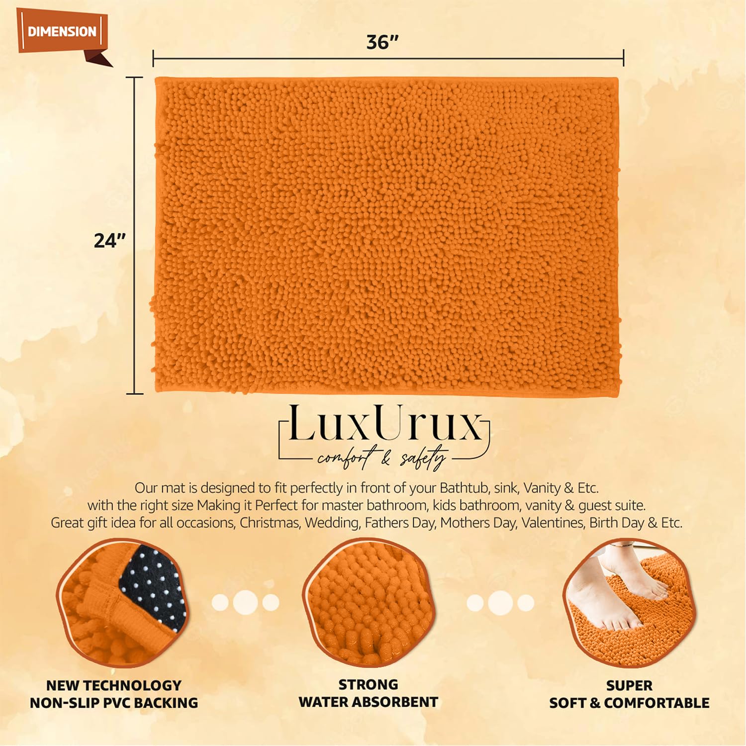 LuxUrux Halloween Bathroom Rug  36 ' 'x 24 ' ' Soft Absorbent Orange Bathroom Rug  Chenille Microfiber Material  Super Absorbent Shaggy Bath Rug. Machine Wash & Dry  Orange.
