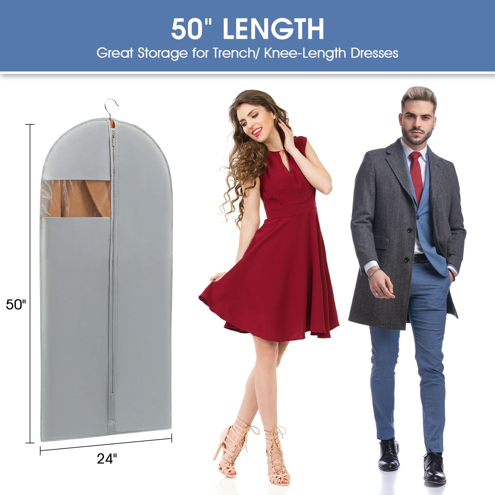 Perber 50'' Garment Bags For Hanging Clothes, Suit Bags For Closet Storage And Travel, Grey Suit Cover Bags With Clear Window Fo