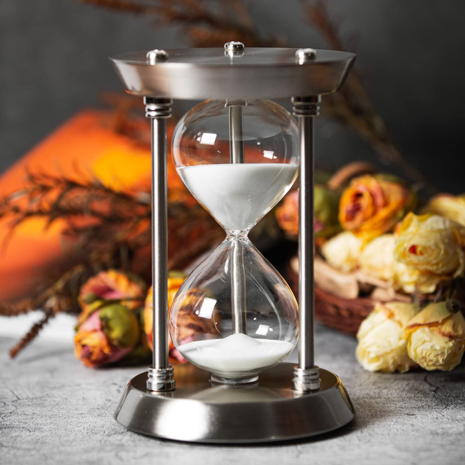 60 Minute Hourglass Sand Timer With Metal Frame, Big Size Antique Sand Clock, Silver