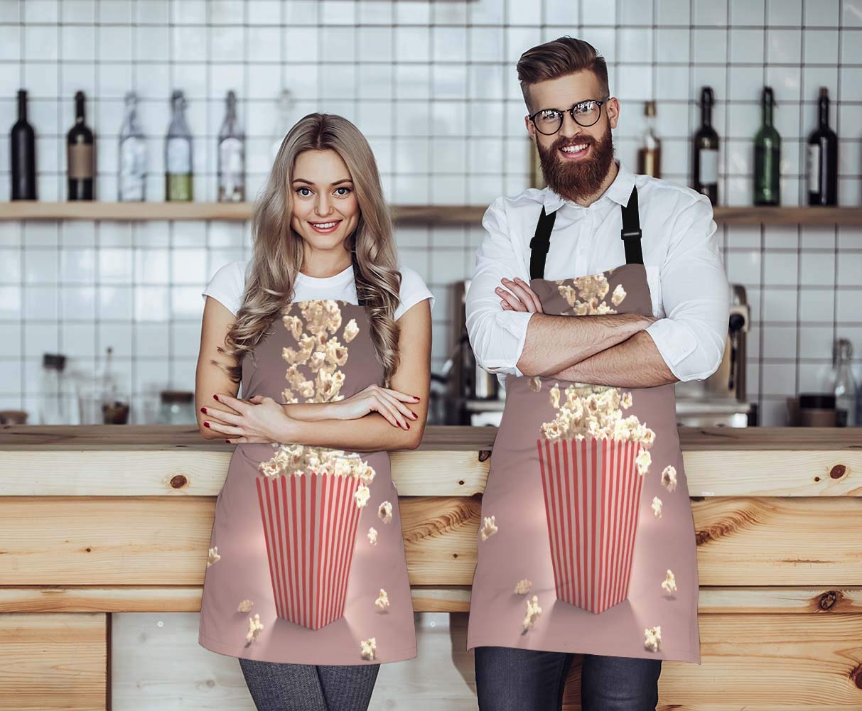 Wondertify Dropping Popcorn Apron,Pop Corn In Striped Classic Package Red Cinema Design Bib Apron With Adjustable Neck For Men W