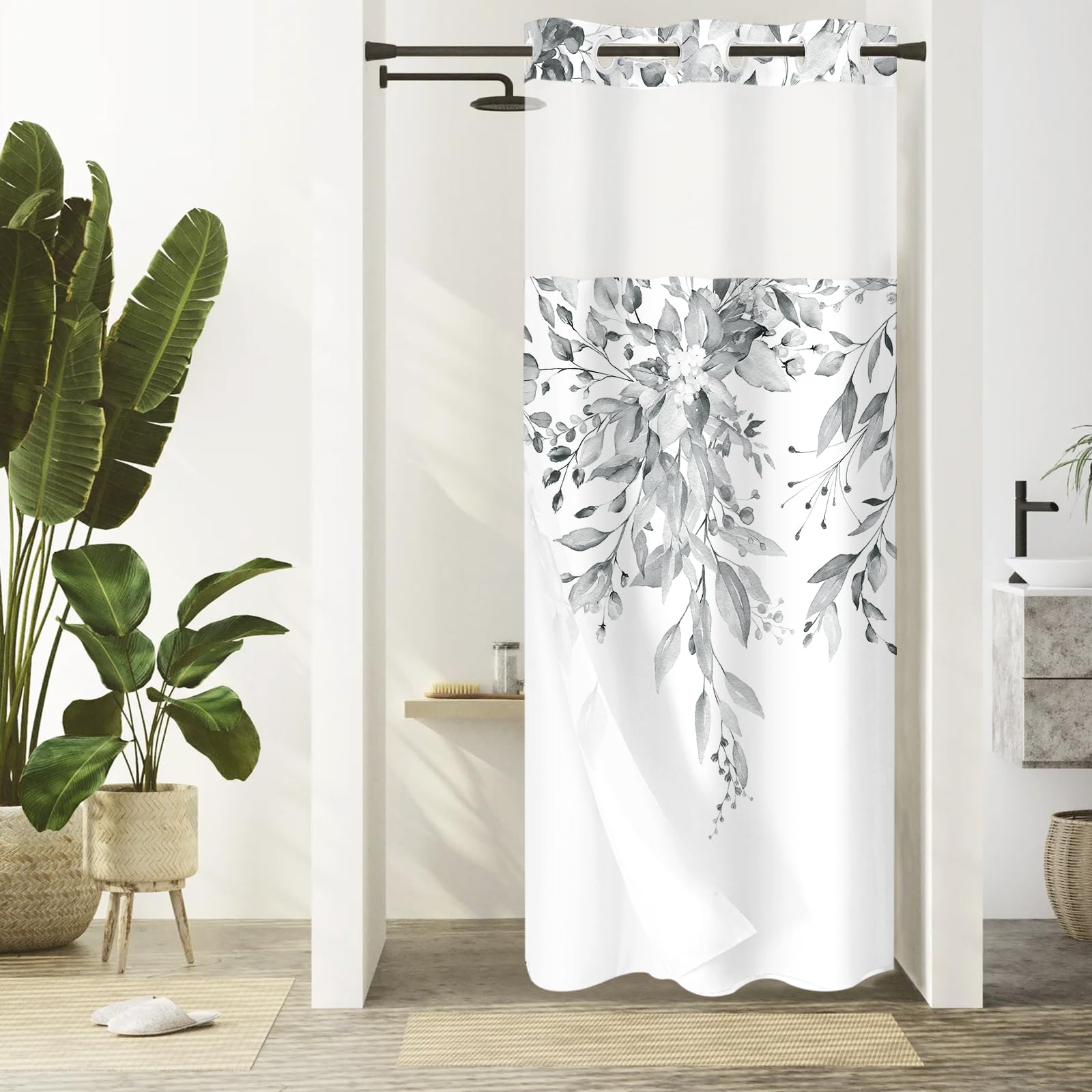 Gibelle Small Stall No Hook Shower Curtain With Snap-In Fabric Liner Set - 36'' X 74''(72''), Hotel Style Grey Eucalyptus Leaves