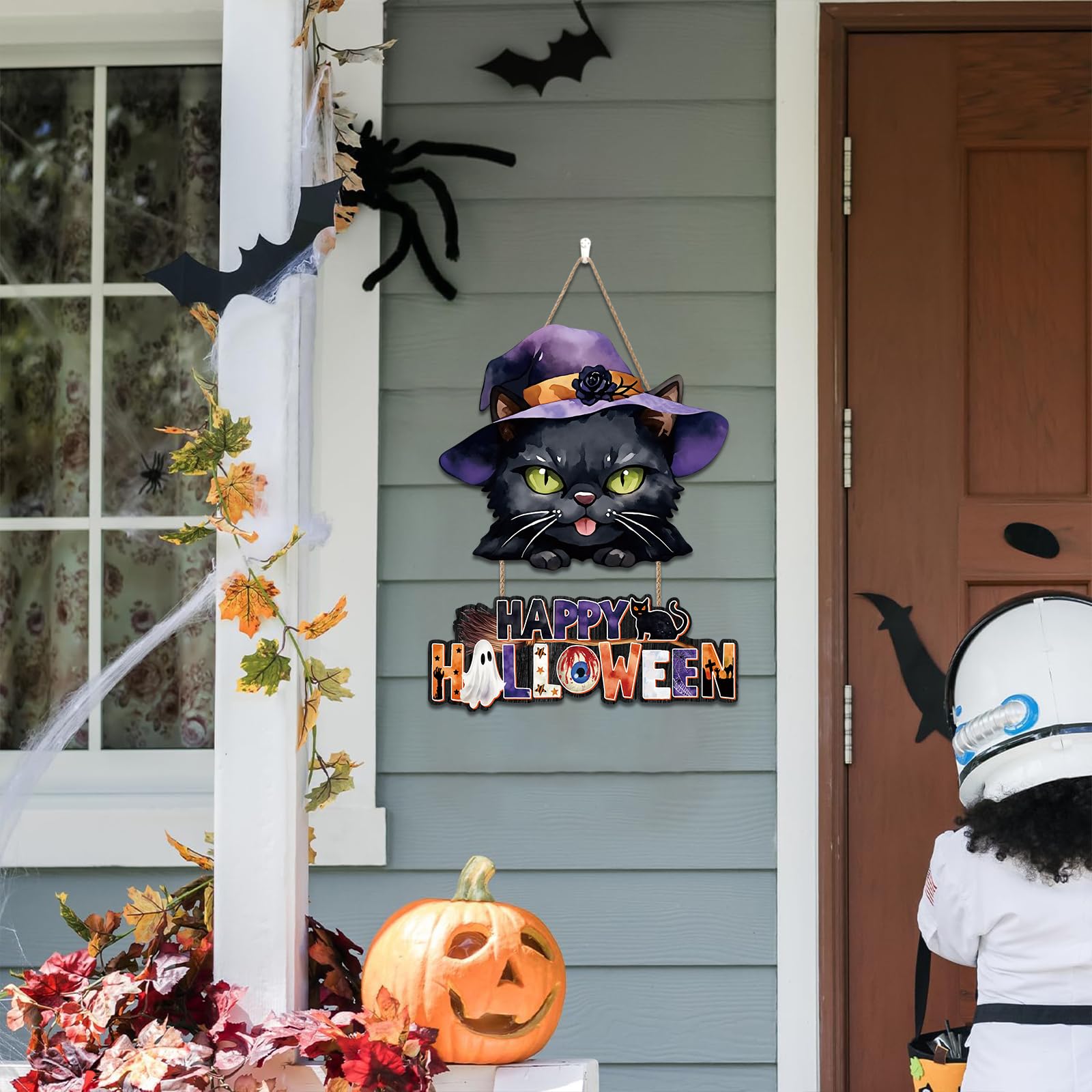 Ausril Happy Halloween Door Decoration,Black Cat Sign,Halloween Door Sign,Spooky Black Cat Wall Hanging,Witch Hat Wall Decor,Boo