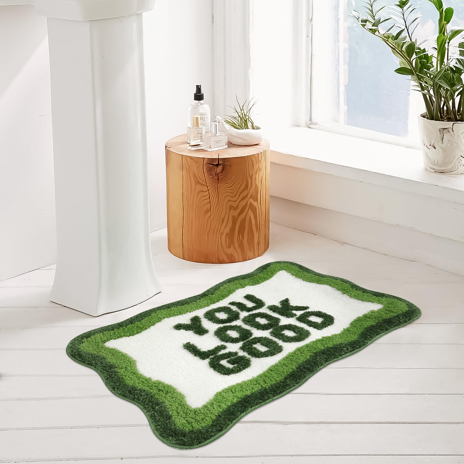 Haocoo You Look Good Bath Mat Green Bathroom Rug, Soft Non Slip Irregular Shaped Cute Bath Mat For Bathroom, Microfiber Absorben