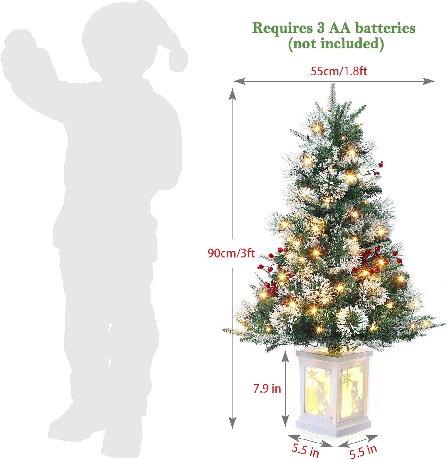 3ft Christmas Tree Pre-Lit Artificial Christmas Tree with Vintage Potted Base, Flocked Snow 78 Warm White LED Lights 8 Lighting