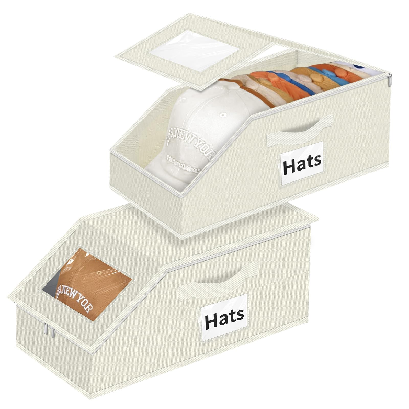 Hat Organizer for Baseball Caps - 2PCS Stackable Storage with Clear Window Lid, Flip-Top Access, Space-Saving Hat Box for Closet