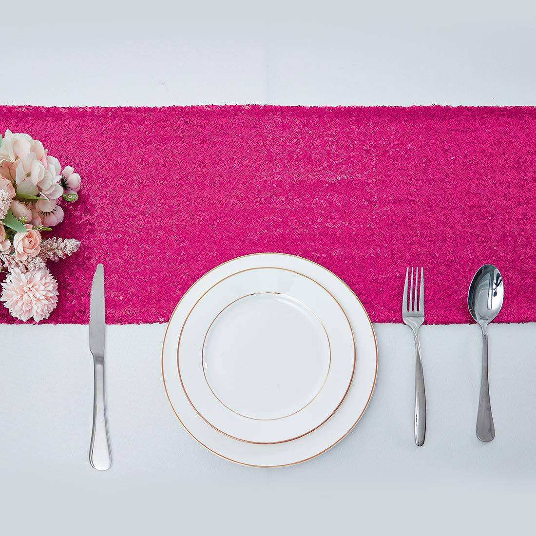 6 Packs 12 X 72 Inches Hot Pink Sequin Table Runner, Glitter Fuchsia Runner For Birthday Party Supplies Decorations Wedding Bach