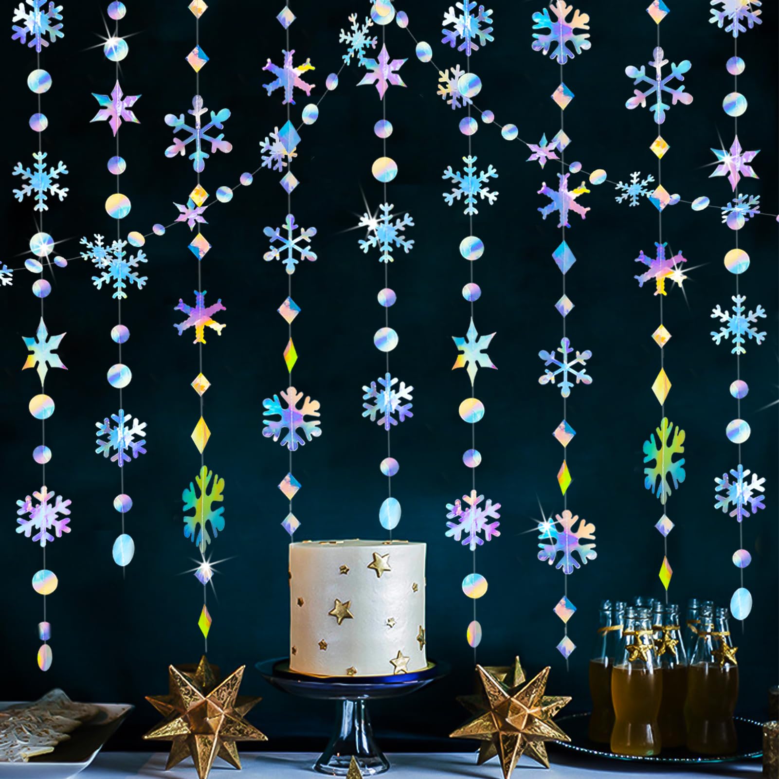 65Ft Winter Wonderland Snowflakes Decorations Iridescent Snowflake Garland- Shimmer Holographic Paper Snowflakes Streamers for I