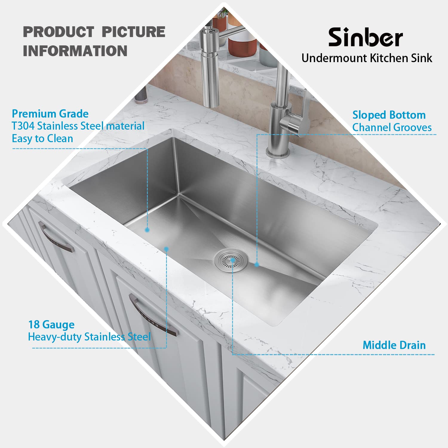 Sinber 30'' x 18'' x 10'' Undermount Single Bowl Kitchen Sink with 18 Gauge 304 Stainless Steel Satin Finish HU3018S