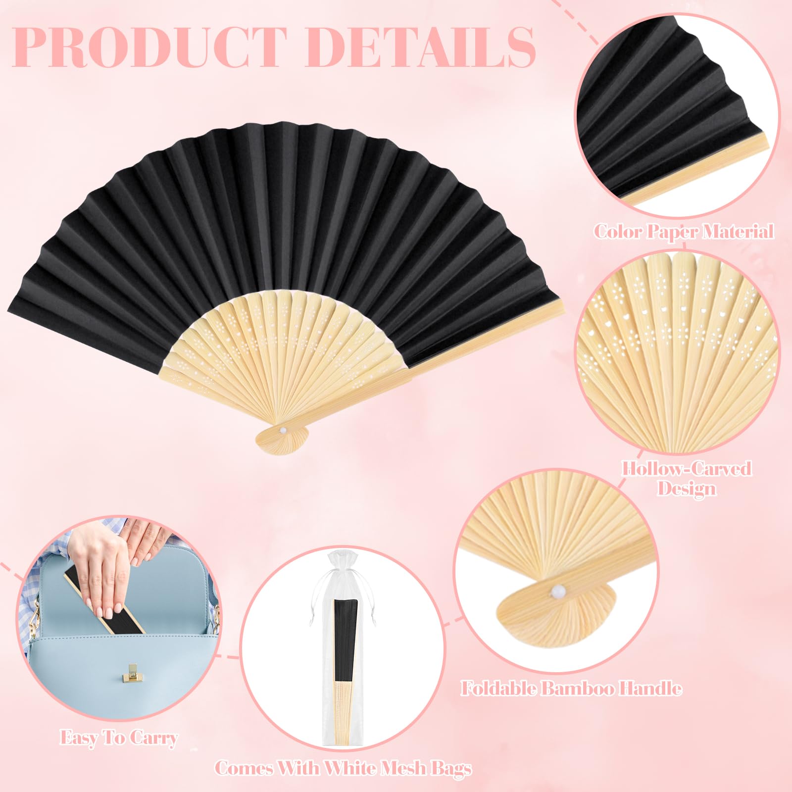 BOUBONI 48 Pieces Black Hand Held Bamboo Folding Fans Paper Fans Handheld for Women Foldable Girls Wedding Decoration Church Hom