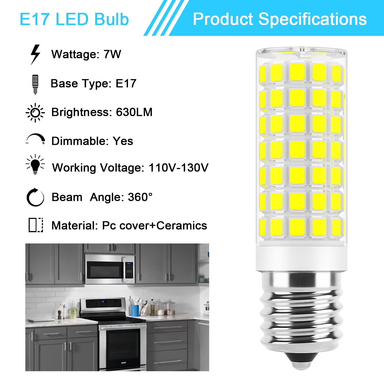 E17 Led Bulb Dimmable, 7W Microwave Over Stove Bulb, 120V 60W Incandescent Equivalent, Daylight White 6000K, Fit For Whirlpool M