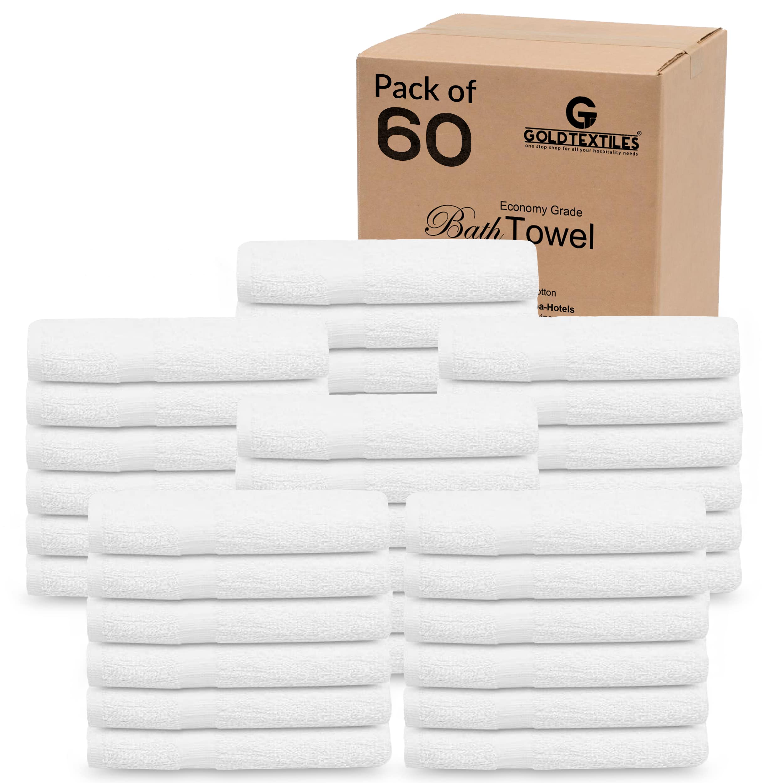 Gold Textiles 60 Pack White Hotel Bath Towels Bulk 20X40 Inches - Cotton Blend Economy Cheap Bath Towels For Commercial Uses, Gy