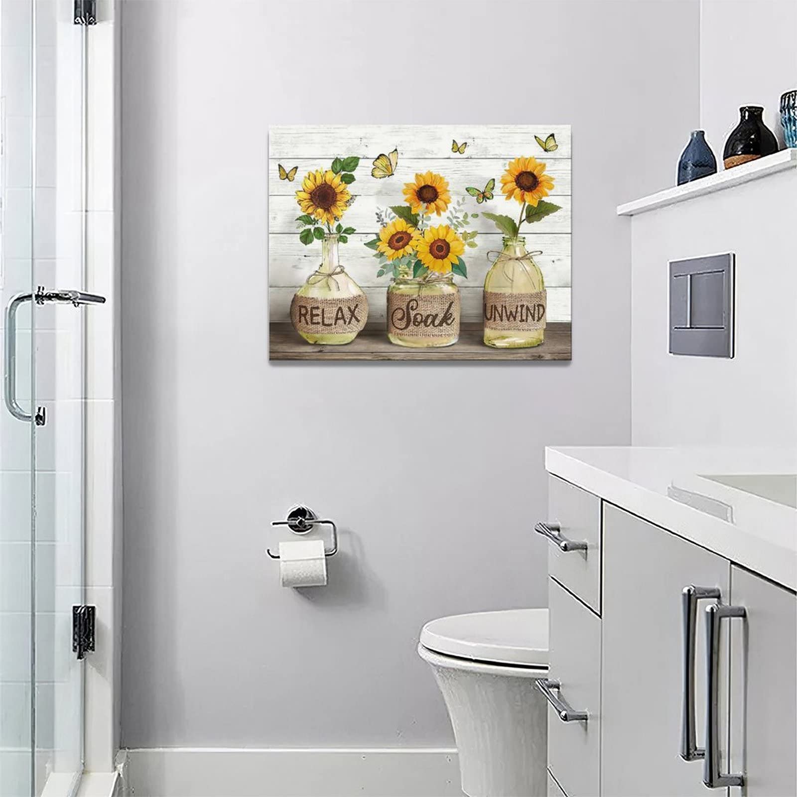 Farmhouse Bathroom Decor Wall Art Rustic Sunflower Bathroom Pictures Canvas Print Country Bathroom Painting Prints Wall Decor Framed Artwork Decor for Living Room Bathroom 12''x16''