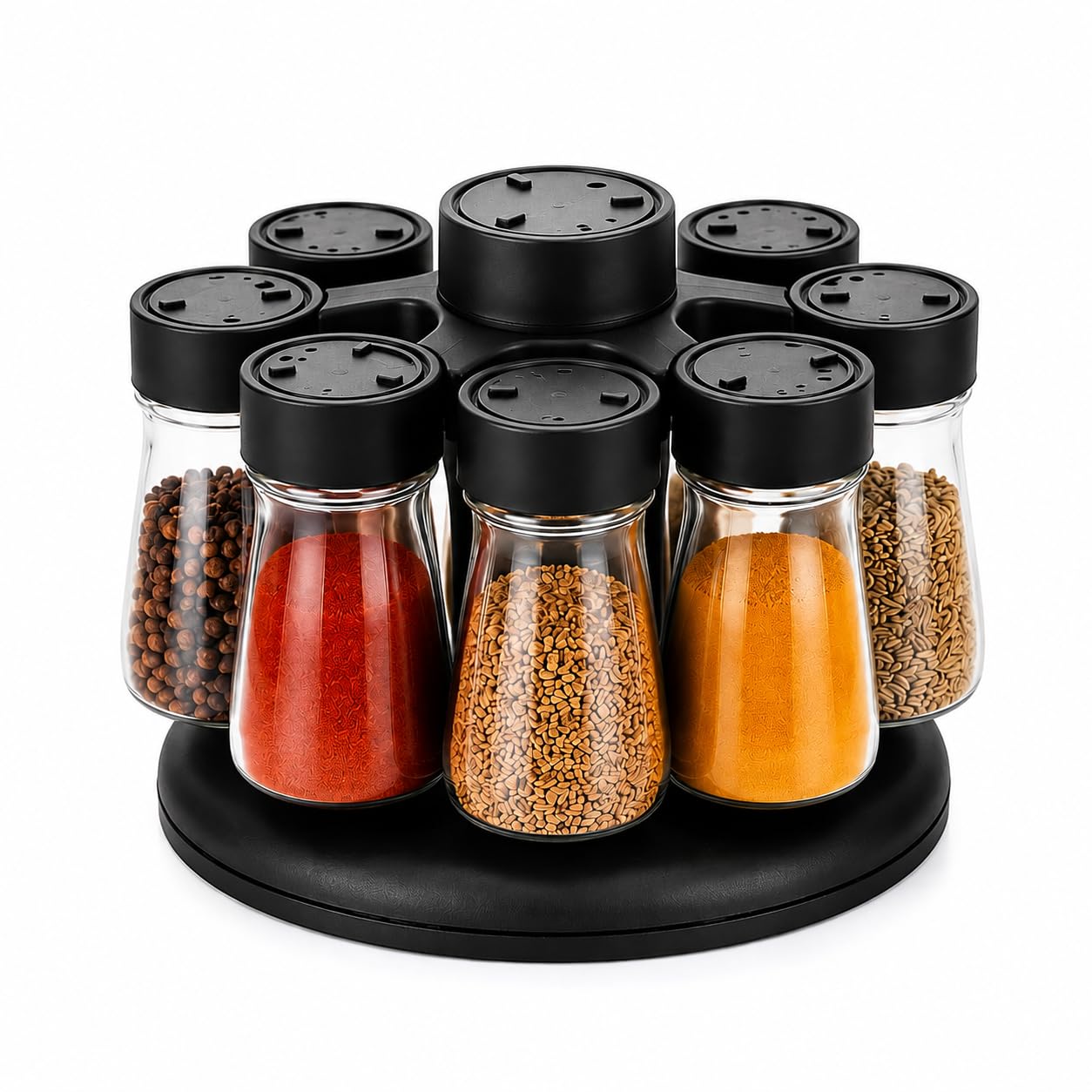 HOUSNIX 8 Pcs Revolving Spice Rack for Kitchen | Plastic Masala Box with Stand | Container Set | Small Jars | Organizer Storage 