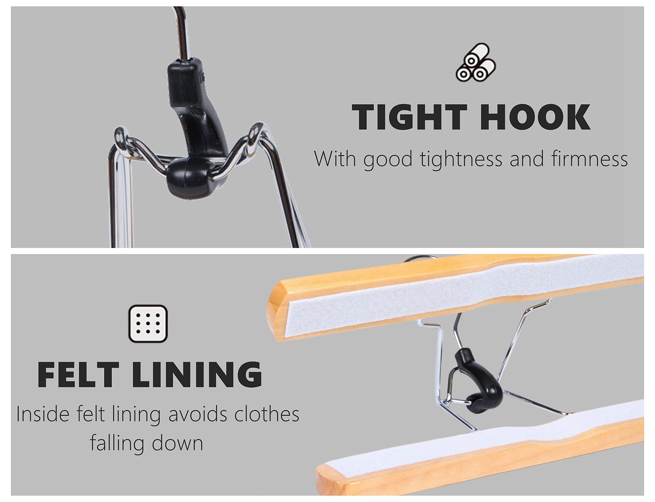 Amber Home 10 Pack Natural Wooden Pants Hangers, Wood Clamp Hangers With Non Slip Padded Velvet, Jeans/Slacks Hangers Hair Exten