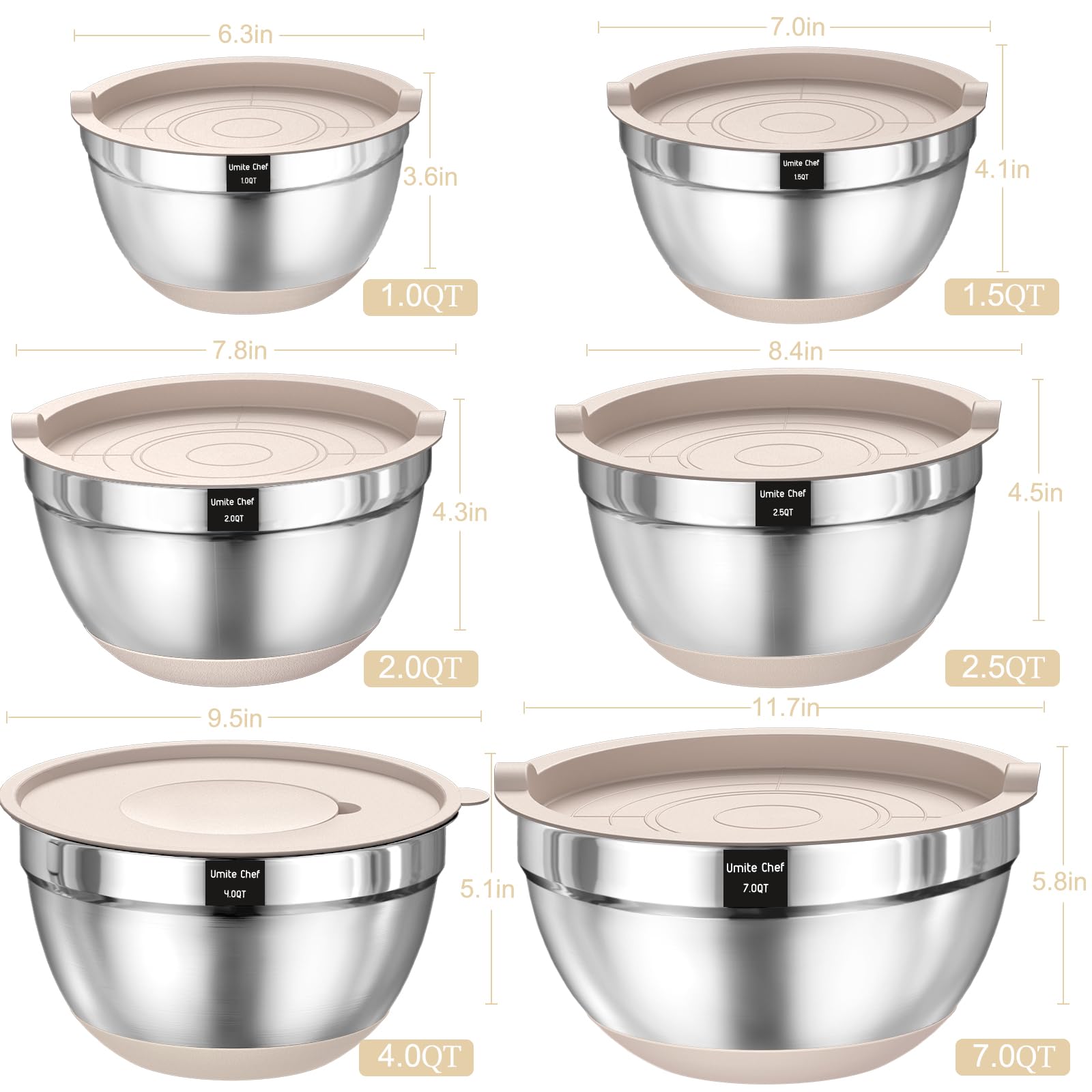 Mixing Bowls With Airtight Lids Set, 26Pcs Stainless Steel Khaki Bowls With Grater Attachments, Non-Slip Bottoms & Kitchen Gadge