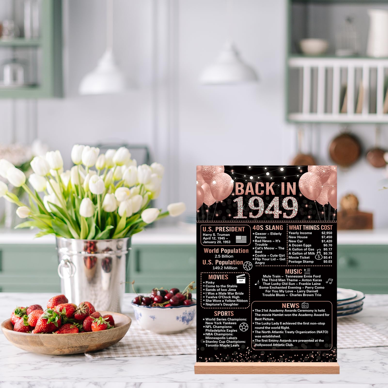 Trgowaul 75Th Birthday Anniversary Decorations For Women, Rose Gold Back In 1949 Birthday Poster Acrylic Table Sign With Stand,