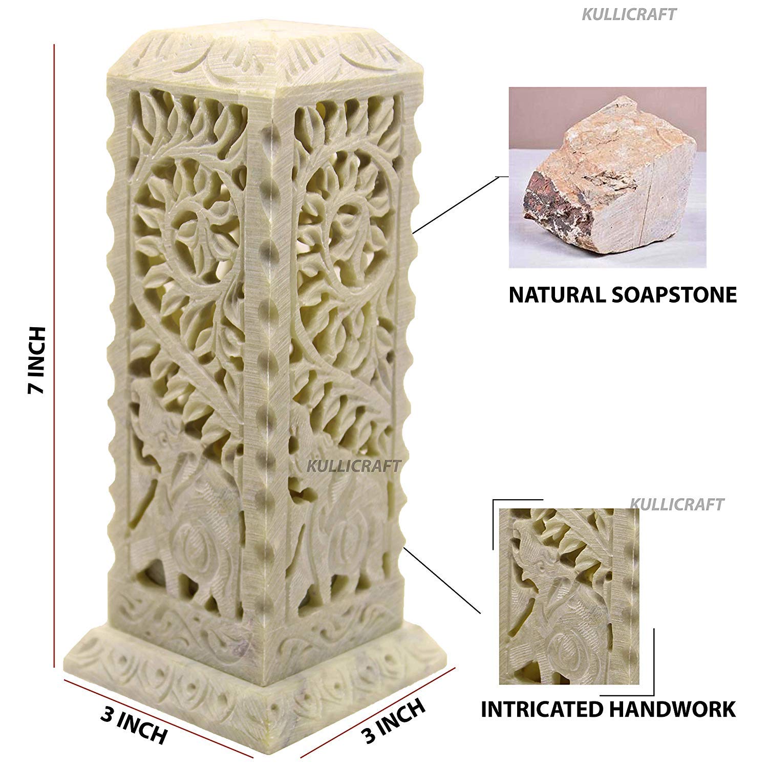Kc Kullicraft Handcrafted Elephant Carving Soapstone Marble Incense Agarbati Stand Holder For Puja With 6 Dhoop Batti(Square)