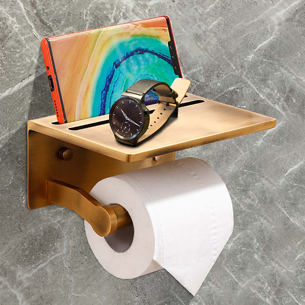 Smarthome Toilet Paper Holder With Shelf, Aluminum Tissue Roll Dispenser With Mobile Phone Storage Shelf For Bathroom, 3M Self A