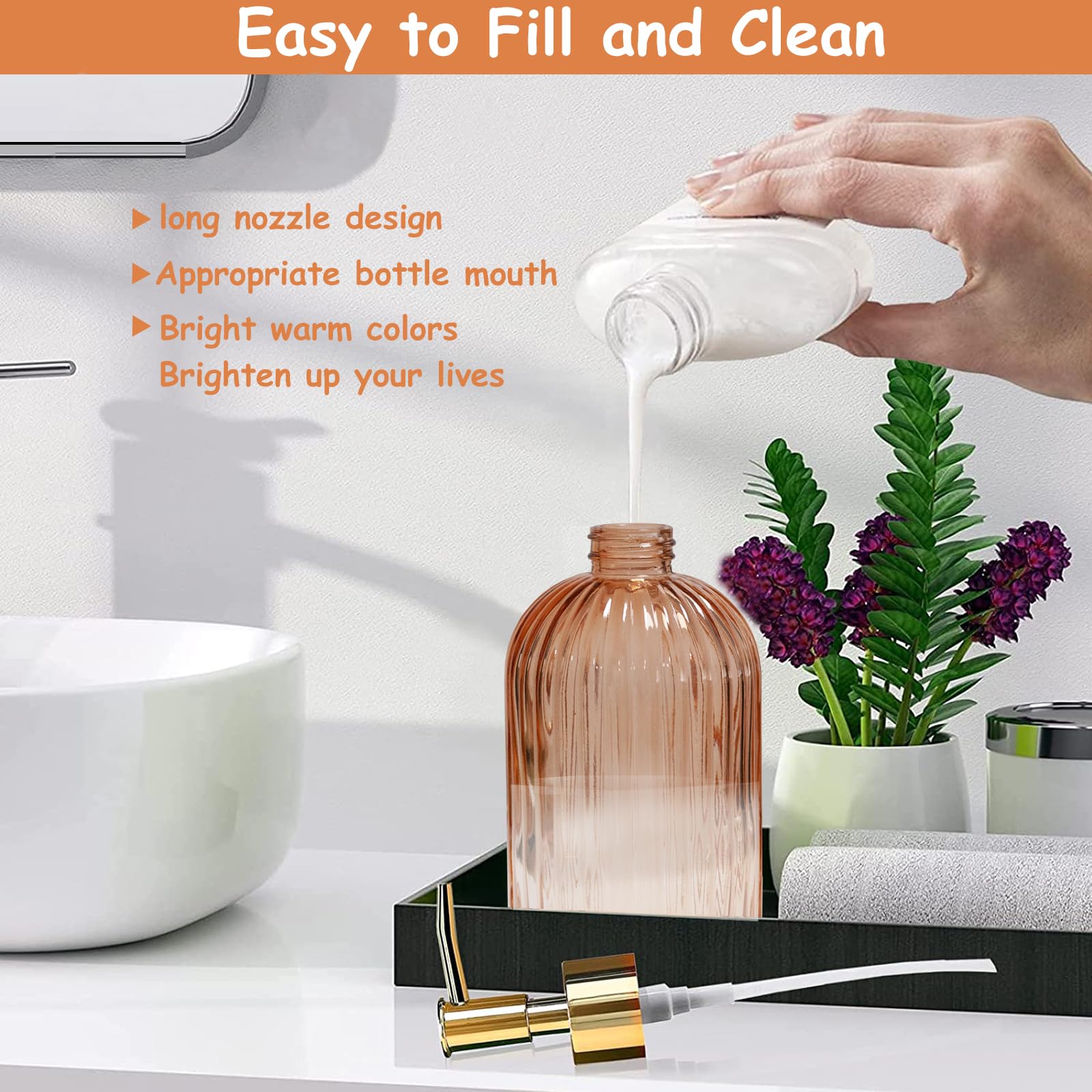 Glass Soap Dispenser With Gold Plastic Pump, 13.5Oz Refillable Liquid Hand Soap Dispenser, 2 Pack Crystal Lotion Bottle For Mode