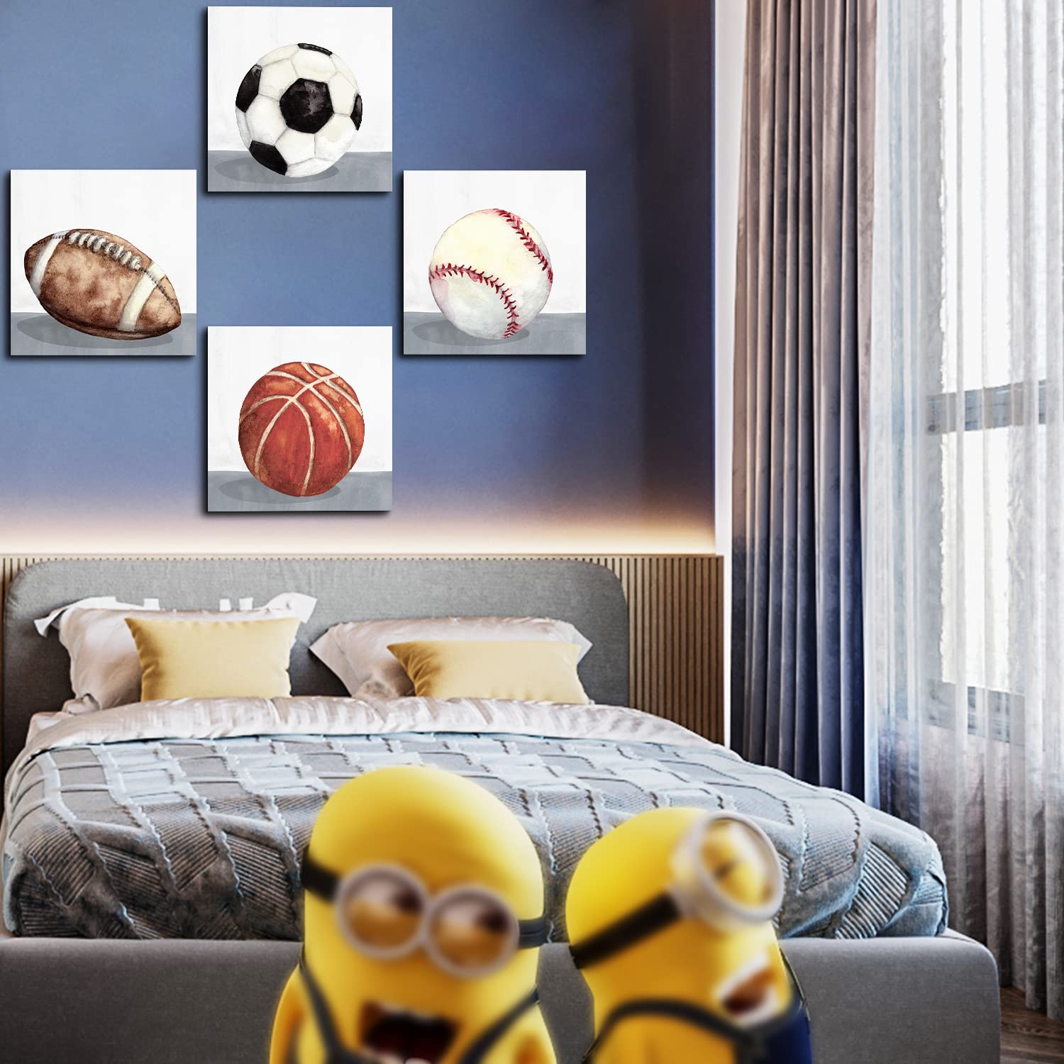 Sports Wall Art Boys Room Wall Decor Rustic Basketball Football Pictures Kids Bedroom Baseball Soccer Posters Balls Painting Can
