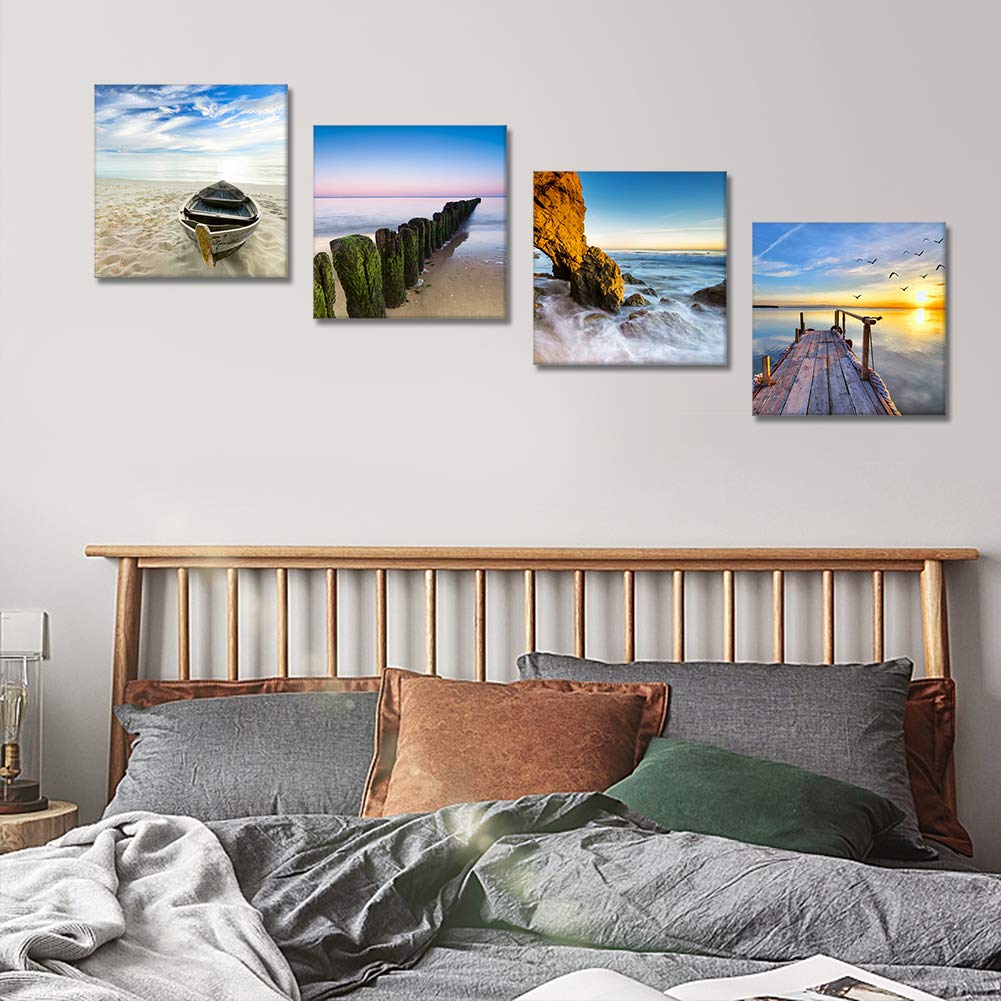 Artscope 4 Pieces Canvas Prints Wall Art - Wooden Boats, Stakes And Piers On The Beach Picture Painting- Modern Wall Artwork Fra
