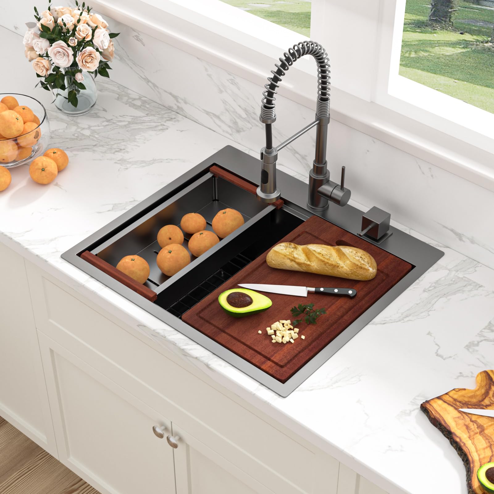 Sarlai 25 X 22 Inch Topmount Ledge Workstation Gunmetal Black Stainless Steel 16 Gauge Single Bowl Over Counter Utility Laundry