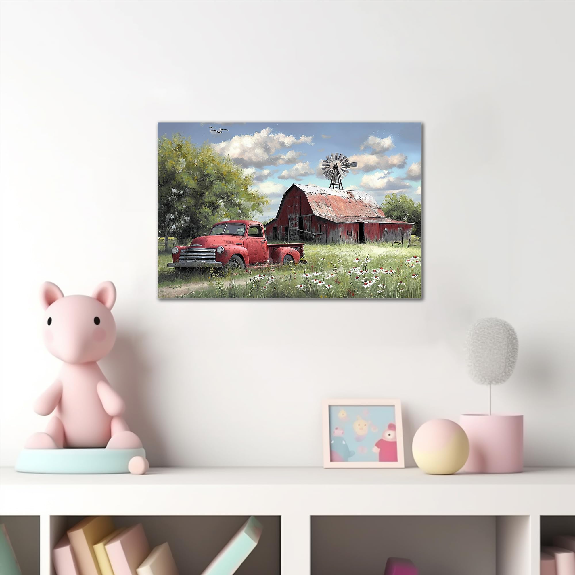 Farmhouse Old Truck Canvas Wall Art, Rustic Barn Pictures Wall Art, Vintage Country Pickup Truck Canvas Prints, Red Truck With G