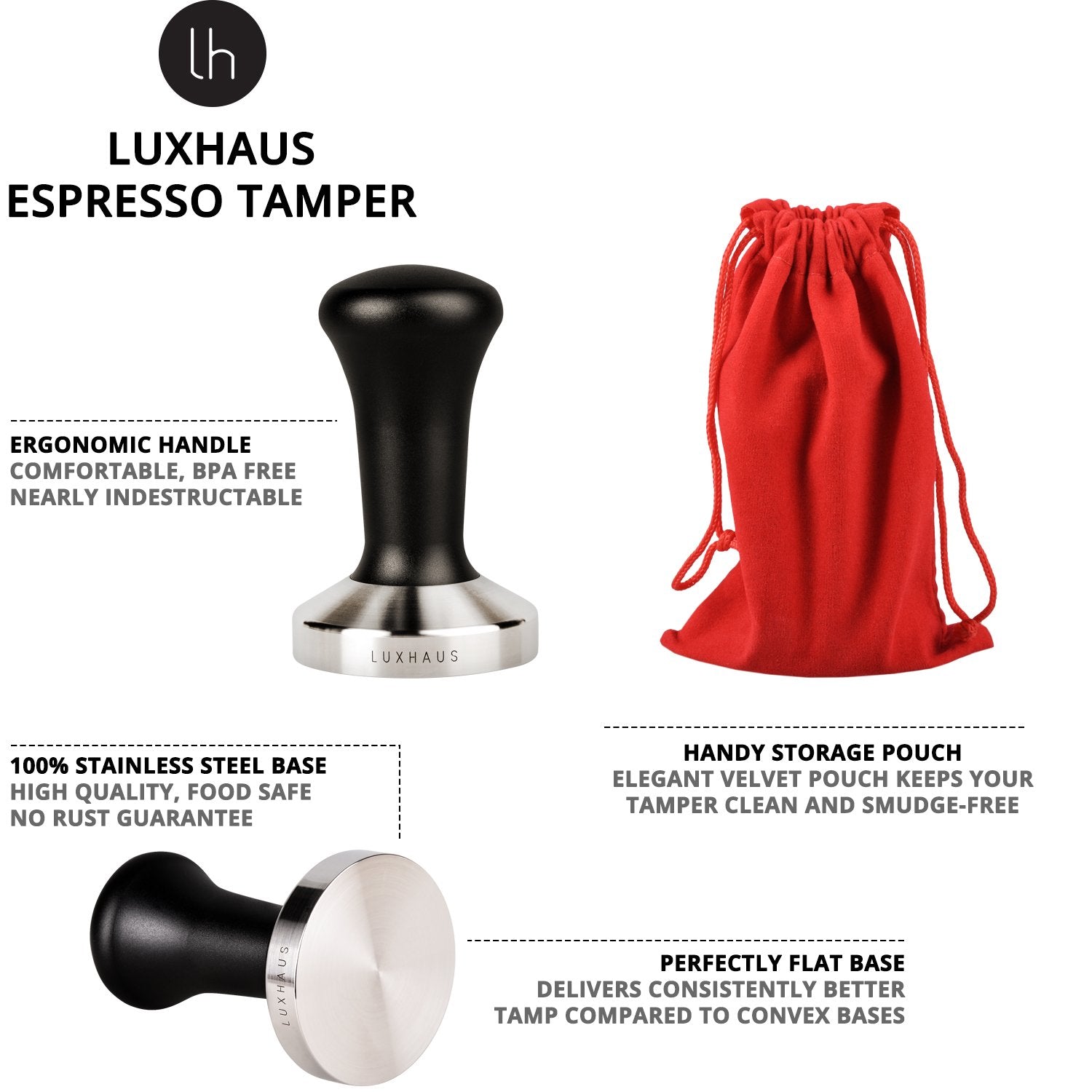 Luxhaus 58Mm Espresso Tamper - Premium Barista Coffee Tamper With 100% Flat Stainless Steel Base
