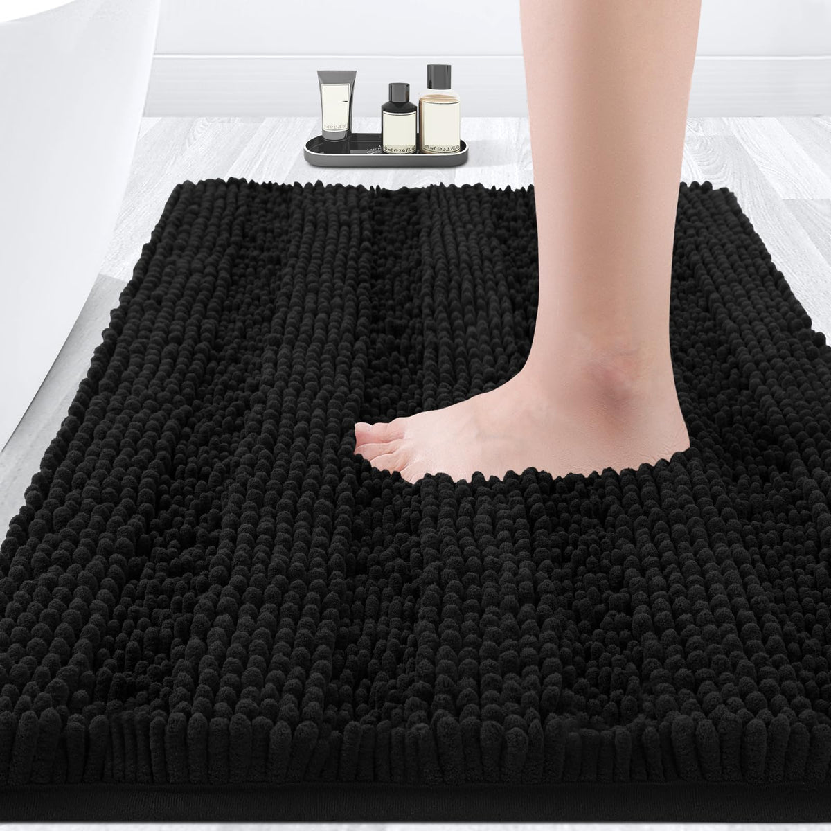 Accumtek Striped Grey Bathroom Rug Mat 36X24 Ultra Soft, Non Slip Chenille Bath Rugs, Absorbent Plush Shaggy Bath Mats For B