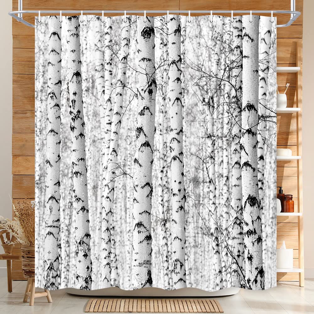 Wathon Birch Trees Shower Curtain, Grey Polyester, 72"x72", Rustic Winter Forest Design, Includes Hooks, Bathroom Decor