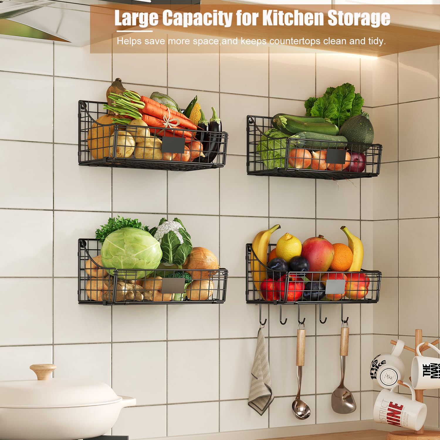 4 Pack Hanging Wall Basket For Organizing, Large Wire Basket For Storage Pantry With 5 S Hook+4 Adhesive Hook, Wall Mounted Shel