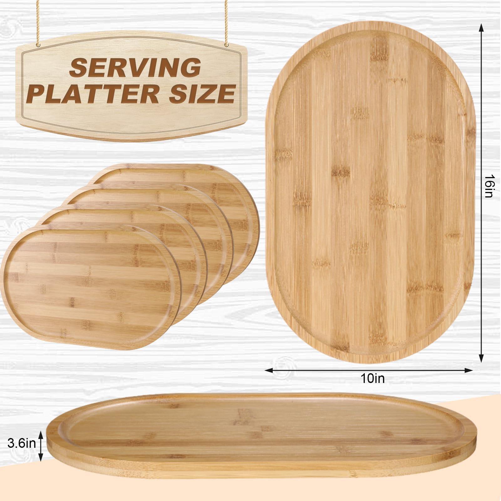 Tanlade 4 Pieces Bamboo Oval Serving Tray, 16 X 10 Inch, Rustic Wooden Trays For Crafts, Desserts, Tea, Coffee, Candy