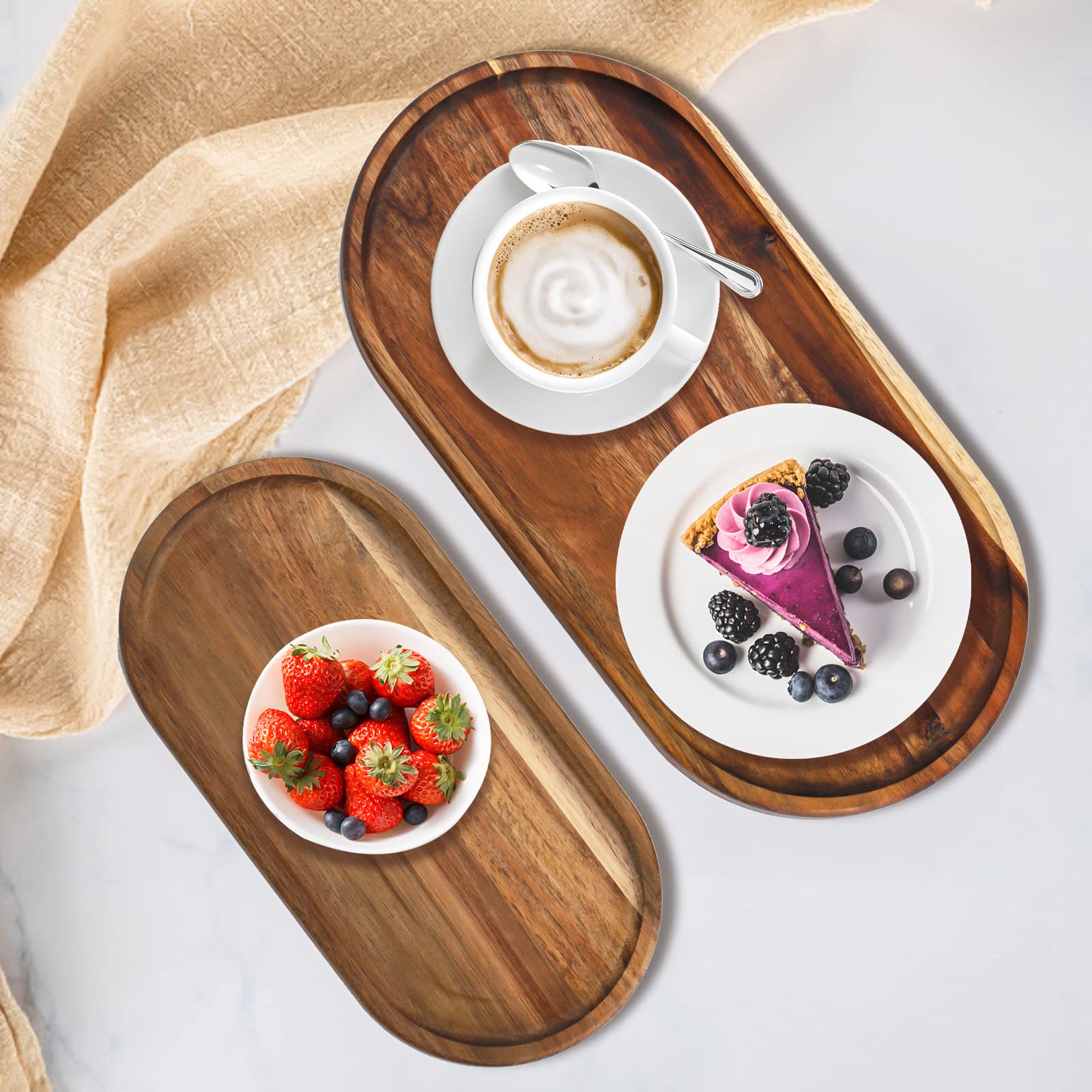 Elsjoy Set Of 2 Acacia Wooden Serving Trays, Natural Wood Serving Platters Set With Lip, Oval Charcuterie Plates Board Rustic Lo