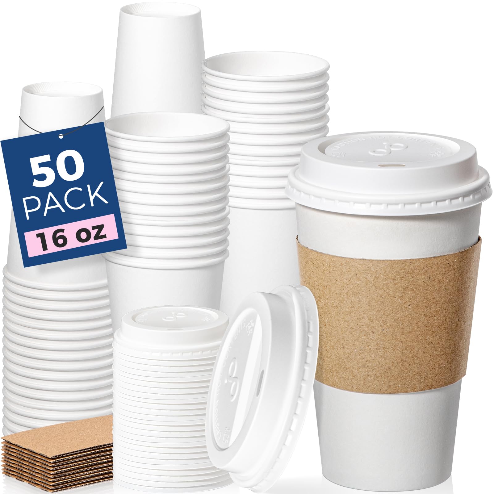 Fit Meal Prep [50 Pack 16 oz Coffee Cups with Lids and Kraft Sleeves  Premium Disposable Paper Coffee Cups  Durable Thickened To Go Hot Cups for Party  Hot Beverage  Chocolate  Tea  Cocoa